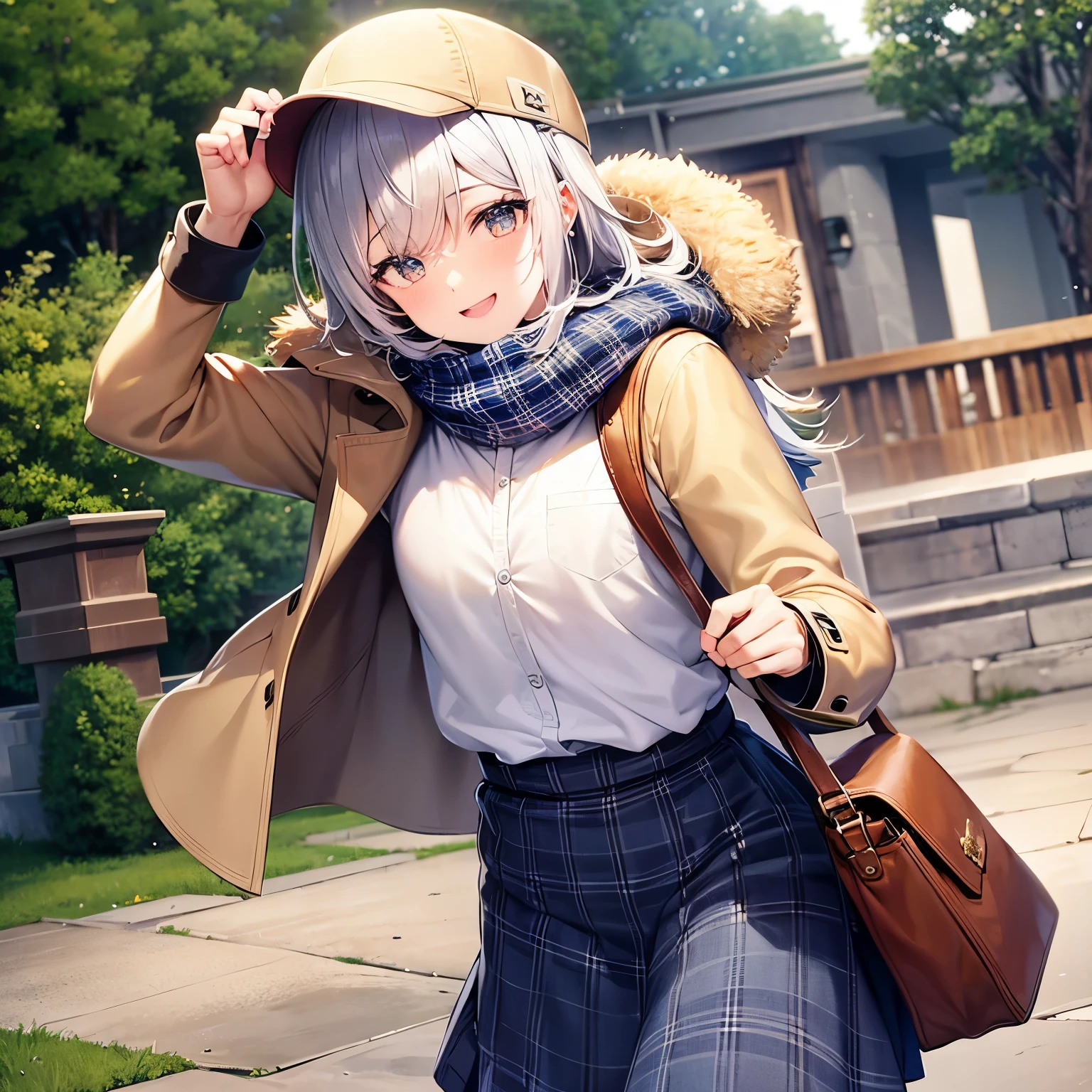 Hunky boy, white hair, great smile, blue plaid shirt, name tag that says ALZI, beige scarf, brown messenger bag, blue and white hat