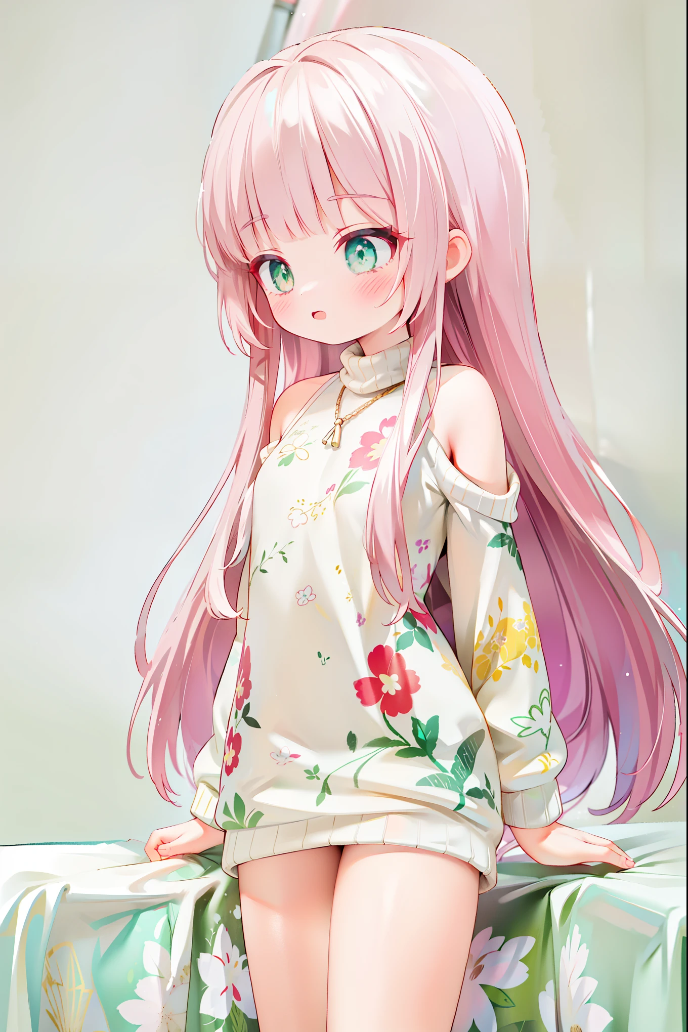 {{{{masterpiece}}}}, {{{Super detailed}}}, {{{high resolution}}},{{high resolution:1.3}}, {{good anatomy}}, (((best quality))),(on the bed),((emerald eyes)),(style of dollette),{{Extremely detailed and refined}}, {4k CG wallpaper}, {{illustration}},(((Side face contour,cowboy shot,detailed face,big big eyeballs))),(|Detailed hair|blunt bangs|shiny hair),(((Women's Floral Printed sweater with knited farbic,high-neck sweater))),{{{bare shoulders}}},{{{emotionless,premature,underaged girl}}},(lesbian,mystery,intoxicated lady,1 woman:1),(Color difference:1.2),(small breasts),(show foot,bare foot,doggy posture,arms down)
