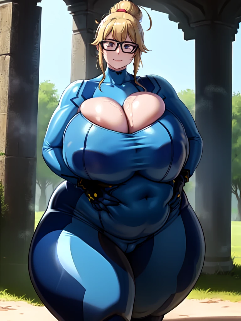 masterpiece, best quality, extremely detailed, 1girl, mature female, solo, jeanrnd, (gigantic long wide heavy overflowing breasts:2), (((blonde hair, ahoge, long hair, blur eyes))), parted lips, (((zero suit, blue gloves))), ((yandere trance, evil smile), closed mouth), ((hands on own hips, ancient ruins)),massive overstuffed heavy protruding bloated bulging fat belly, very wide hips, deep navel,