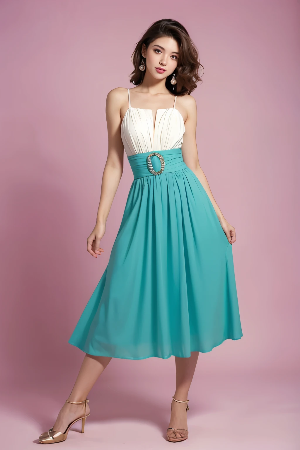 Beautiful woman in a 90s retro dress, Colorful background, model pose,