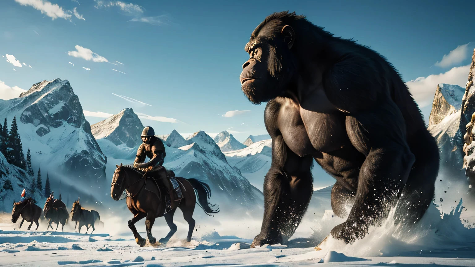 Imagine a breathtaking scene set against a backdrop of rugged mountains and sprawling valleys. In this ultra-realistic portrayal, powerful apes are depicted riding majestic horses, their fur blowing in the wind as they lead their army across the landscape, driven by an unwavering determination to conquer the world. Each detail, from the muscles rippling beneath the apes' fur to the determination etched into their faces, captures the intensity and grandeur of their quest for dominance.