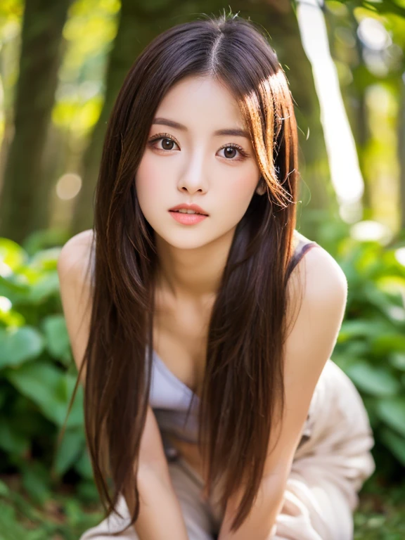 an ultra hot girl from NetherlAds, long (waist length hair :1.2) Combed chestnut hair, ((macro lens)), full body waist up pose , upper knees pose , bright atmosphere, ((concentrated on the eyes)), Women's expressions, The image looks straight into the camera, sexy alluring , Brown eyes, expose cleavage ,photography