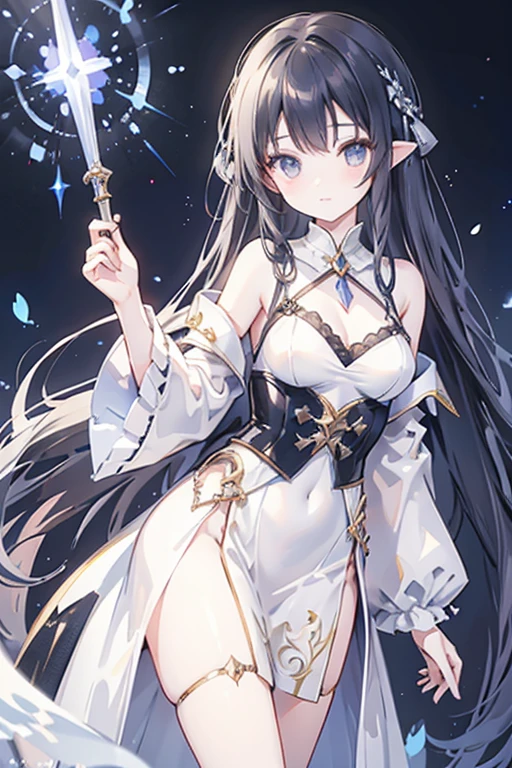 Fantasy universe sorceress Italian girl, very long loose black hair, fantasy dress, silver dagger