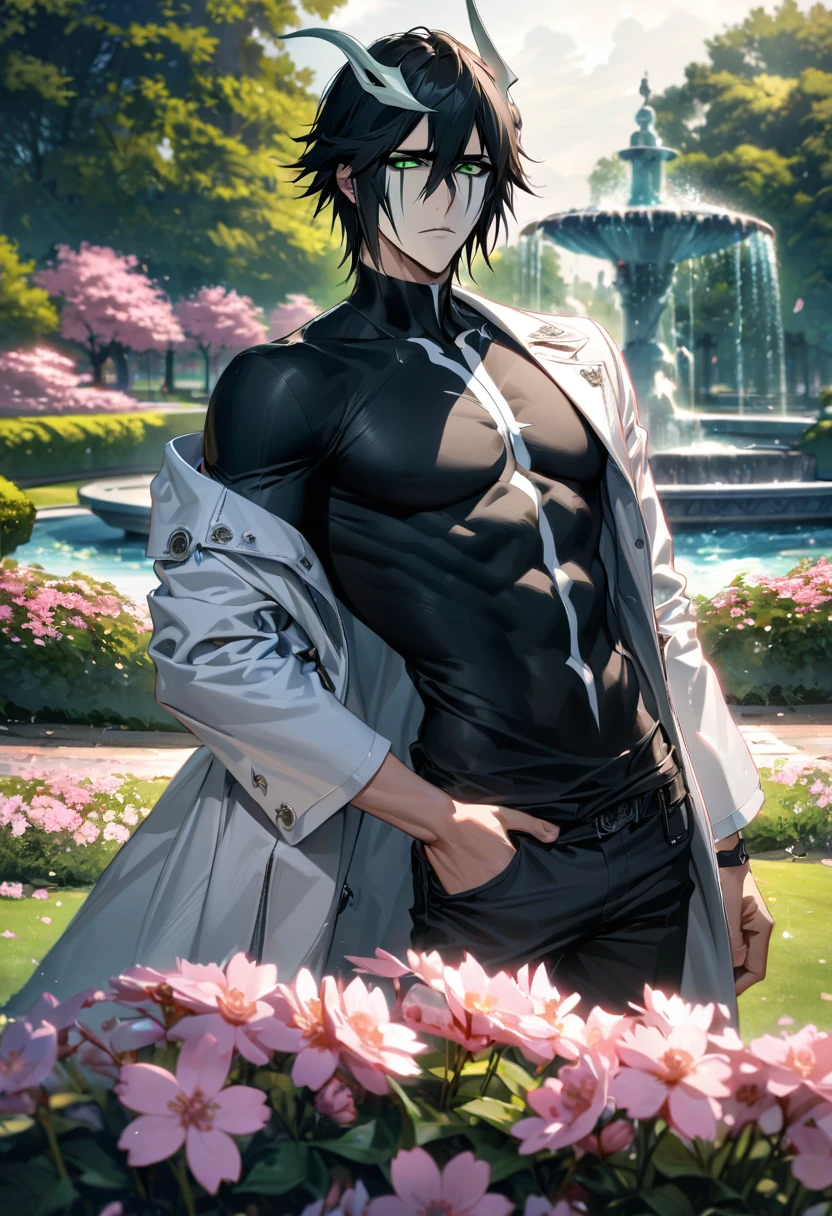 absurdres, highres, ultra detailed, HDR, master piece, best quality, extremely detailed face and eyes, Ulquiorra Cifer, black hair, hair between the eyes, expressive green eyes, Bleach, white horns, solo, sexy man, toned chest, handsome, white coat, black tight shirt, pink flowers, park, cherry blossom, fountain