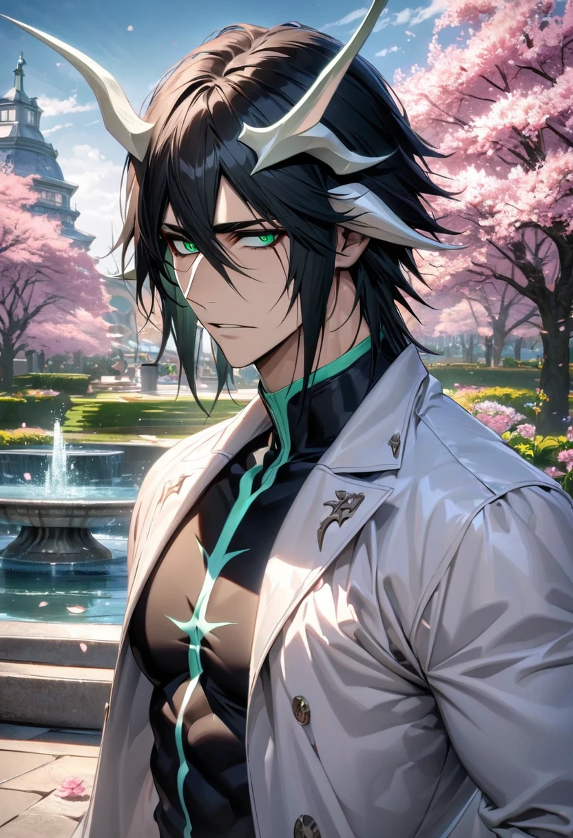 absurdres, highres, ultra detailed, HDR, master piece, best quality, extremely detailed face and eyes, Ulquiorra Cifer, black hair, hair between the eyes, expressive green eyes, Bleach, white horns, solo, sexy man, toned chest, handsome, white coat, black tight shirt, pink flowers, park, cherry blossom, fountain