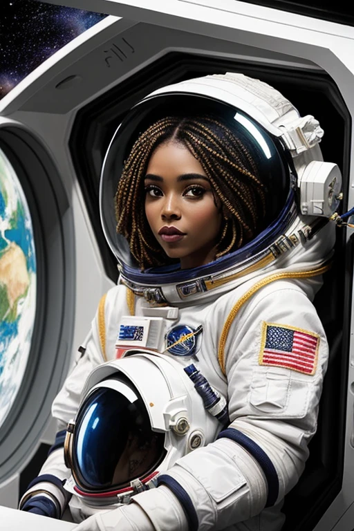 ((melhor qualidade)), ((obra de arte)), (detalhado), black woman face wearing a space suit with details. Spaceship scenario.