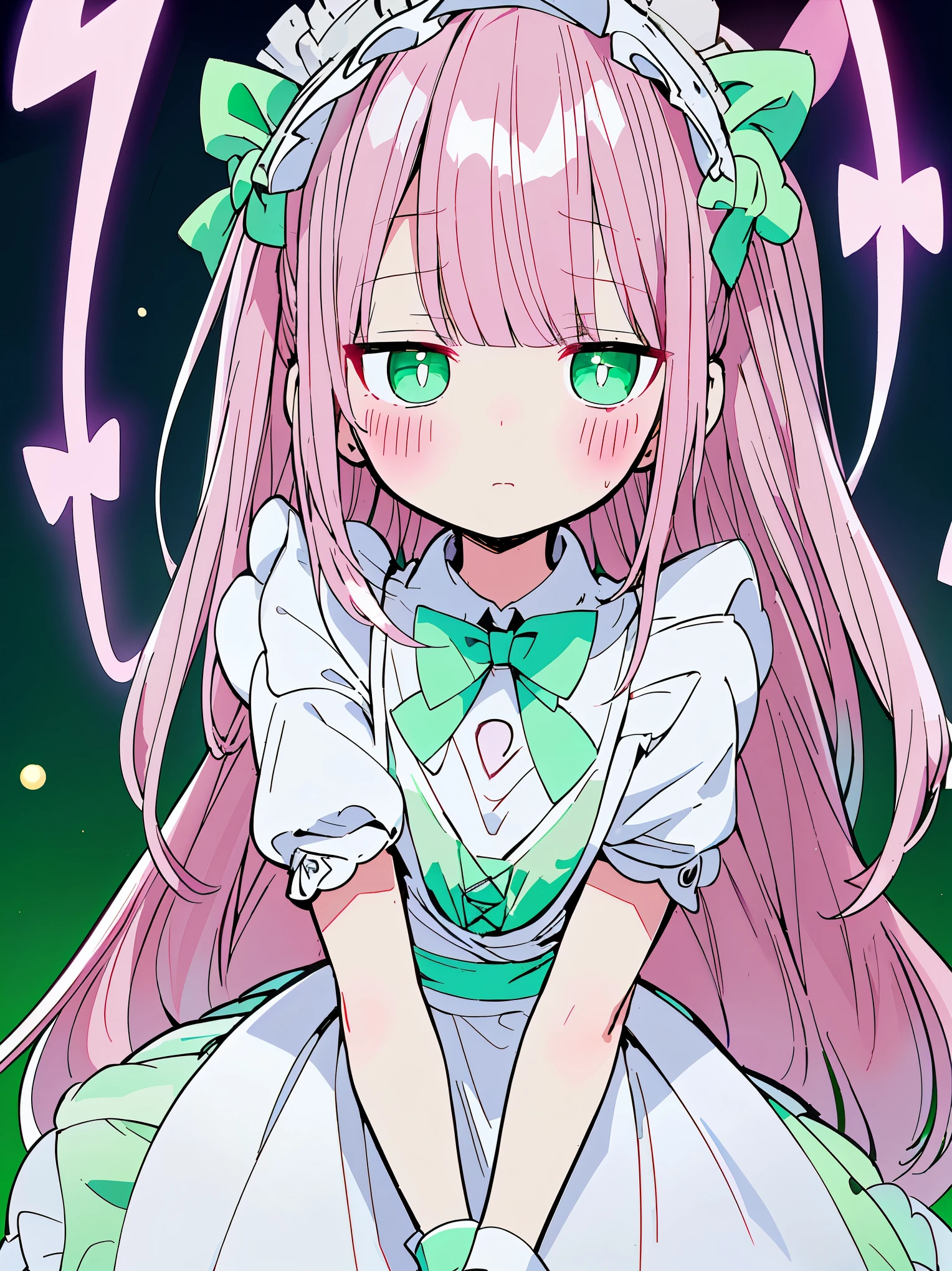 (((pearl pink hair,emerald pupils,green eyes))),((beautiful and detailed)),(blushing), (geometric:1.1),(((maid dress,hood))), ((1girl,amazing,adorable maid,solo,arms down,big big eyes)),(Masterpiece,Best quality, offcial art,fractal art, Beautiful and aesthetic:1.2),(4k,HD,HRS),((small breasts)),(Physically-based rendering),Sharp focus, (((highdetailskin,The details are complex、Shallow depth of field、movie lighting、Reflectors、a Canon EOS R5、50mm lens、f / 2.8、shot at 8k resolution))),simple cloths，correct pupils,((((shiny hair|soft hair|half bangs|long hair)))),(masterpiece sidelighting),(The sheen),(beautiful hair,beautiful background,bokeh:55mm)),((extremely_Detailed_Eyes_and_face)),Movie girl,(Dynamic posture: 1.2),Brilliant