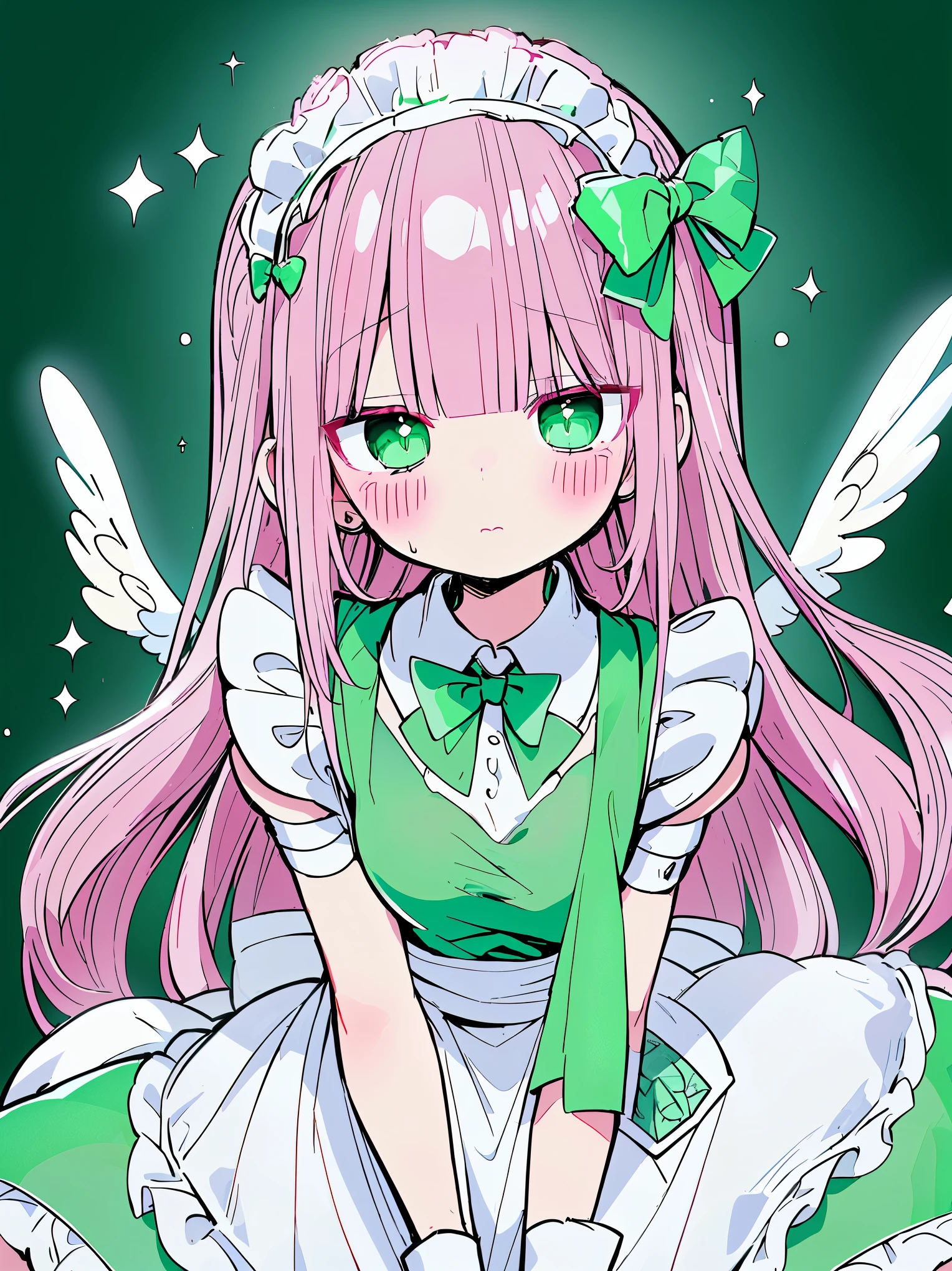 (((pearl pink hair,emerald pupils,green eyes))),((beautiful and detailed)),(blushing), (geometric:1.1),(((maid dress,hood))), ((1girl,amazing,adorable maid,solo,arms down,big big eyes)),(Masterpiece,Best quality, offcial art,fractal art, Beautiful and aesthetic:1.2),(4k,HD,HRS),((small breasts)),(Physically-based rendering),Sharp focus, (((highdetailskin,The details are complex、Shallow depth of field、movie lighting、Reflectors、a Canon EOS R5、50mm lens、f / 2.8、shot at 8k resolution))),simple cloths,correct pupils,((((shiny hair|soft hair|half bangs|long hair)))),(masterpiece sidelighting),(The sheen),(beautiful hair,beautiful background,bokeh:55mm)),((extremely_Detailed_Eyes_and_face)),Movie girl,(Dynamic posture: 1.2),Brilliant