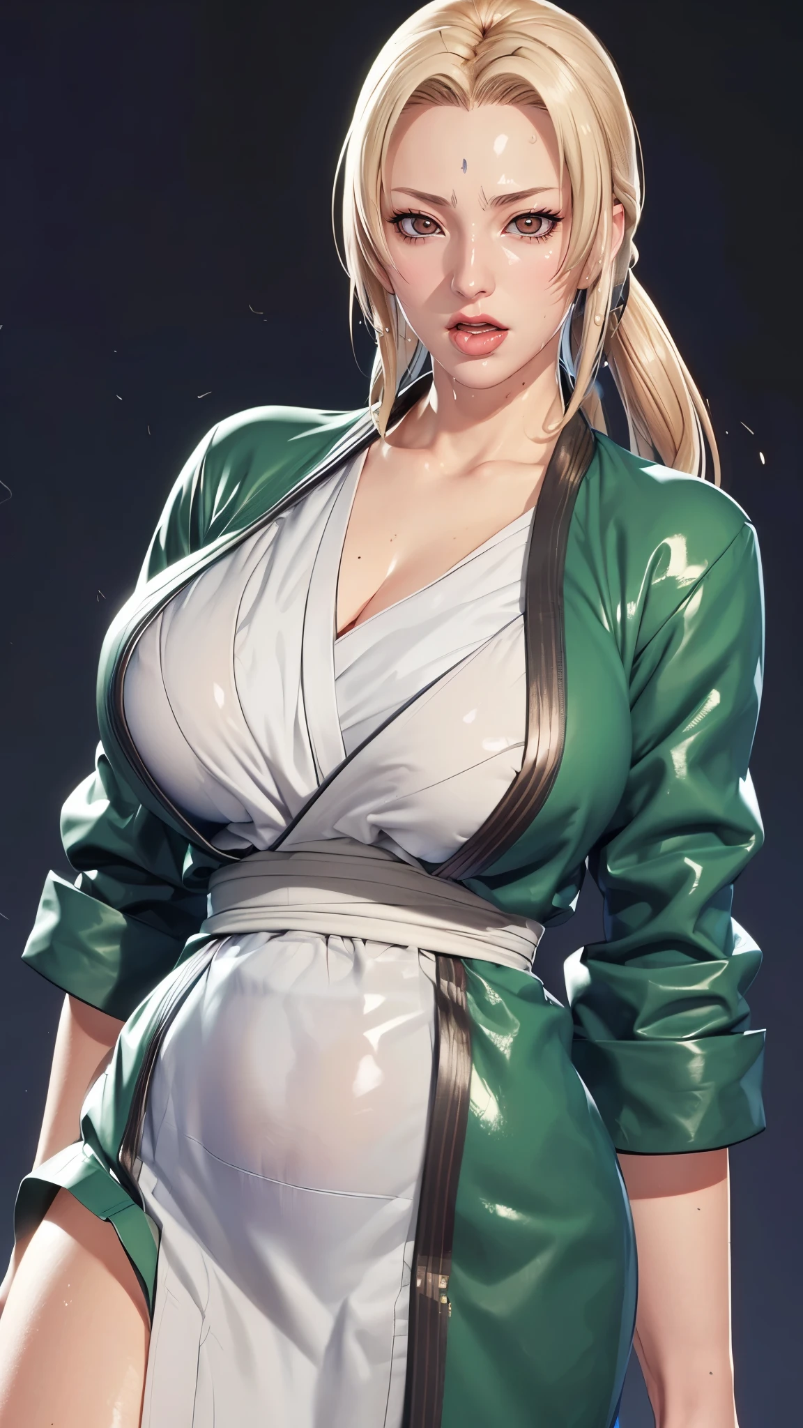 （（（完美figure，figure，solo， White and tender skin，（（（Cyberpunk，tsunade, Japanese clothes, sash, jacket，A tea green long jacket with black edges, black belt, ））），（（（t5un4d3, Light yellow long hair, blue purple mark on forehead, light yellow thin short eyebrows, bright brown pupils, light red lips））），((masterpiece)),high resolution, ((Best quality at best))，masterpiece，quality，Best quality，（（（ Exquisite facial features，Looking at the audience,There is light in the eyes，(（（ahegao，ahegao，focus the eyes clearly, nose and mouth,face focus, woman with open mouth and closed eyes, angle from below，sweaty skin、Lighting that emphasizes the skin that shines with sweat、Skin shiny with sweat、shiny skin、(wet and shiny tongue)））)，））），型figure:1.7））），（（（Light and shadow，Huge breasts））），（（（Looking at the camera，black background)）））