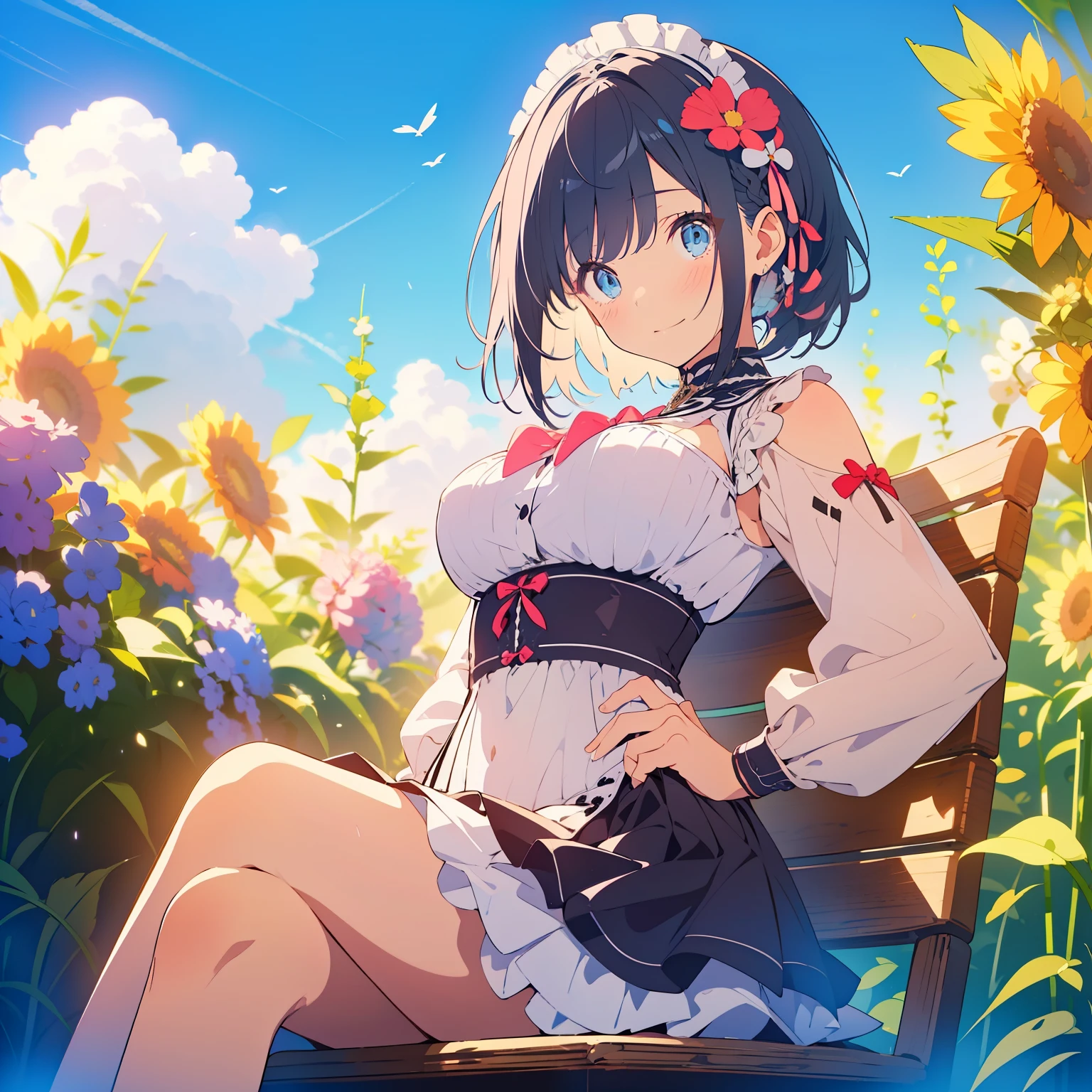 One Woman、young、blue eyes、Black Hair、Hair color with pink inner color、Short Hair、Braided hairstyle、straightened bangs、smug face、Confident expression、Large Breasts、Hands on hips、Sit on a chair、front、Upper Body、blue flower、Flower Field、sunny、blue sky、puddle、Reflective plate、Gothic ta Costume