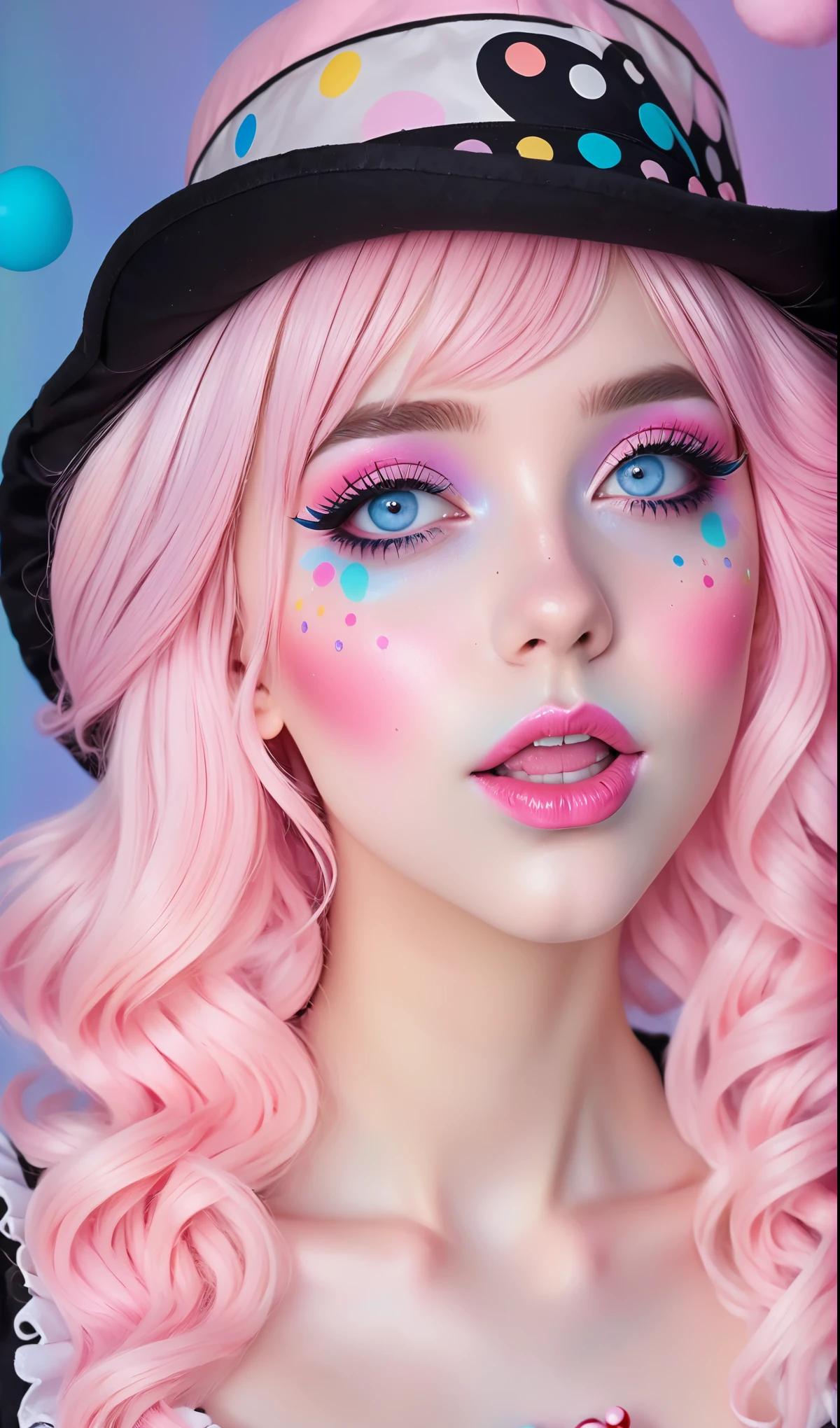 cherry crush, Arafed girl with pink hair and blue eyes wearing a hat, Pastell Make-up, Anime-Stimmung, y 2 k sweet core clown core, belle delphine, Anime inspiriert, Kawaii realistic portrait, Zuckerwatte, Rosa und Blau colour, Rosa und Blau, sweet core clown core, Pastel Gothic aesthetics, elfenbein, Decora inspiriert, bunte Pastell, Rosa Gesicht