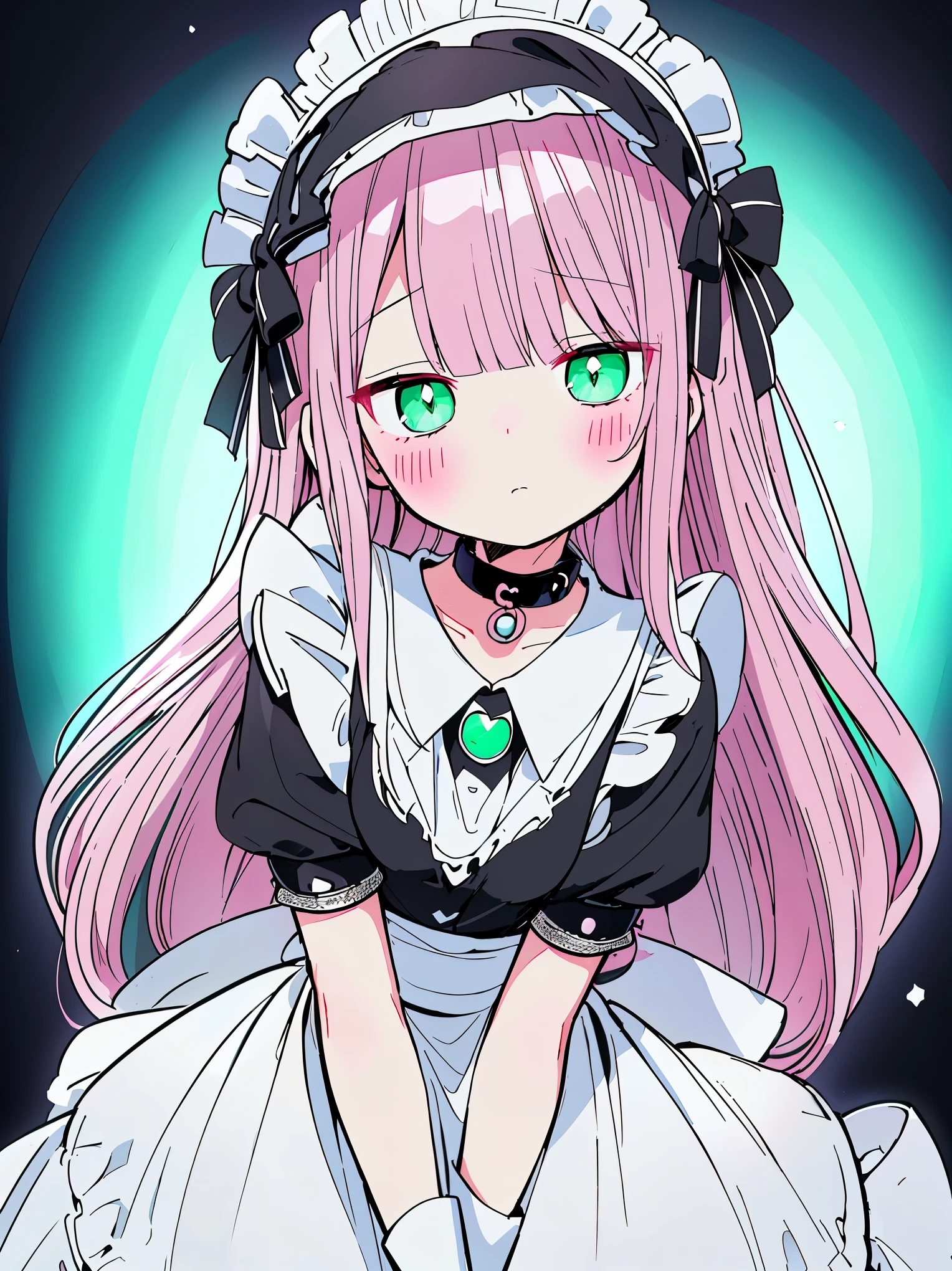 (((pearl pink hair,emerald pupils,green eyes))),((beautiful and detailed)),(blushing), (geometric:1.1),(((black and white maid dress with frills,collar,hood))), ((1girl,amazing,adorable maid,solo,arms down,big big eyes)),(Masterpiece,Best quality, offcial art,fractal art, Beautiful and aesthetic:1.2),(4k,HD,HRS),((small breasts)),(Physically-based rendering),Sharp focus, (((highdetailskin,The details are complex、Shallow depth of field、movie lighting、Reflectors、a Canon EOS R5、50mm lens、f / 2.8、shot at 8k resolution))),simple cloths,correct pupils,((((shiny hair|soft hair|half bangs|long hair)))),(masterpiece sidelighting),(The sheen),(beautiful hair,beautiful background,bokeh:55mm)),((extremely_Detailed_Eyes_and_face)),Movie girl,(Dynamic posture: 1.2),Brilliant