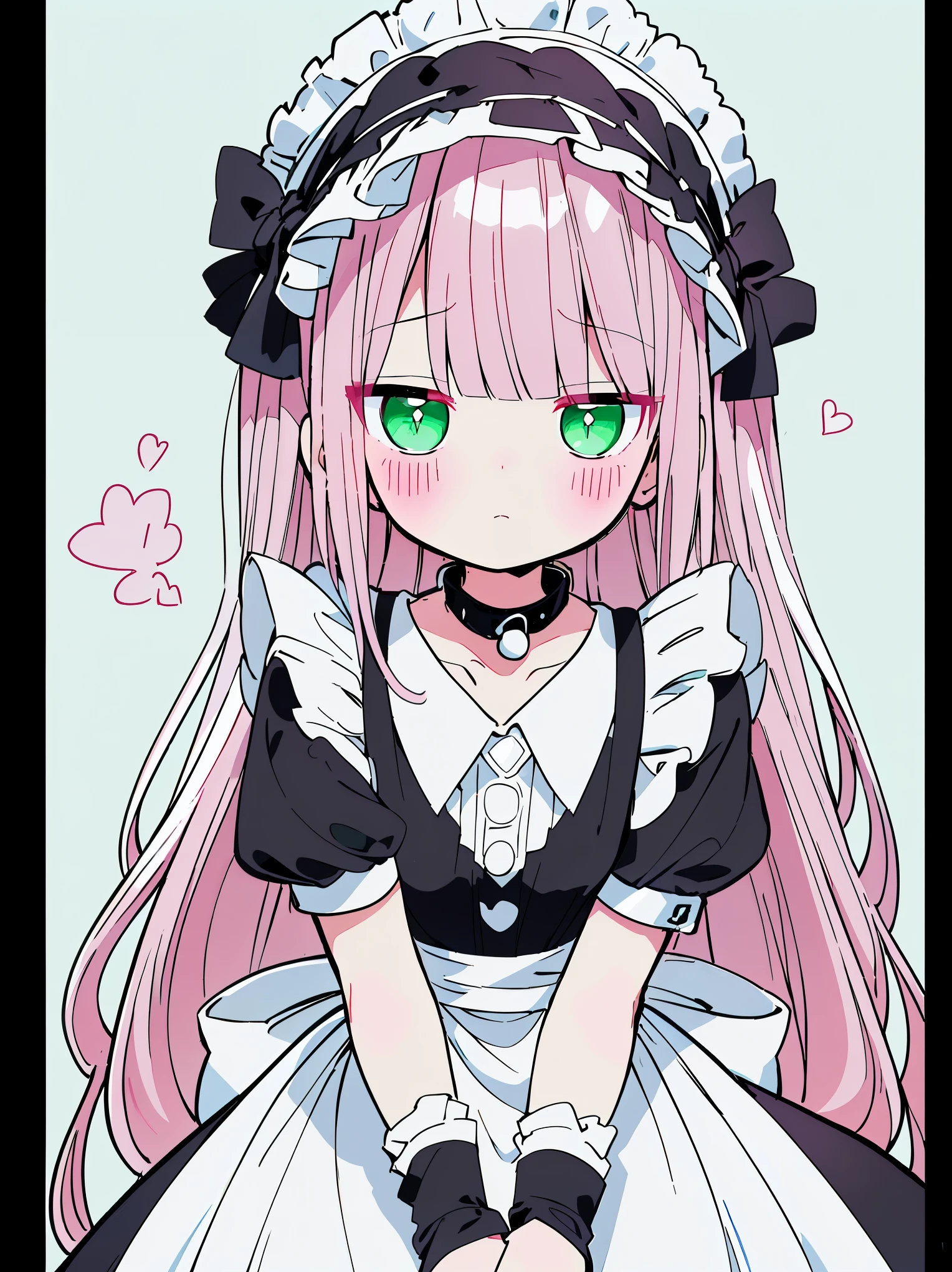 (((pearl pink hair,emerald pupils,green eyes))),((beautiful and detailed)),(blushing), (geometric:1.1),(((black and white maid dress with frills,collar,hood))), ((1girl,amazing,adorable maid,solo,arms down,big big eyes)),(Masterpiece,Best quality, offcial art,fractal art, Beautiful and aesthetic:1.2),(4k,HD,HRS),((small breasts)),(Physically-based rendering),Sharp focus, (((highdetailskin,The details are complex、Shallow depth of field、movie lighting、Reflectors、a Canon EOS R5、50mm lens、f / 2.8、shot at 8k resolution))),simple cloths，correct pupils,((((shiny hair|soft hair|half bangs|long hair)))),(masterpiece sidelighting),(The sheen),(beautiful hair,beautiful background,bokeh:55mm)),((extremely_Detailed_Eyes_and_face)),Movie girl,(Dynamic posture: 1.2),Brilliant