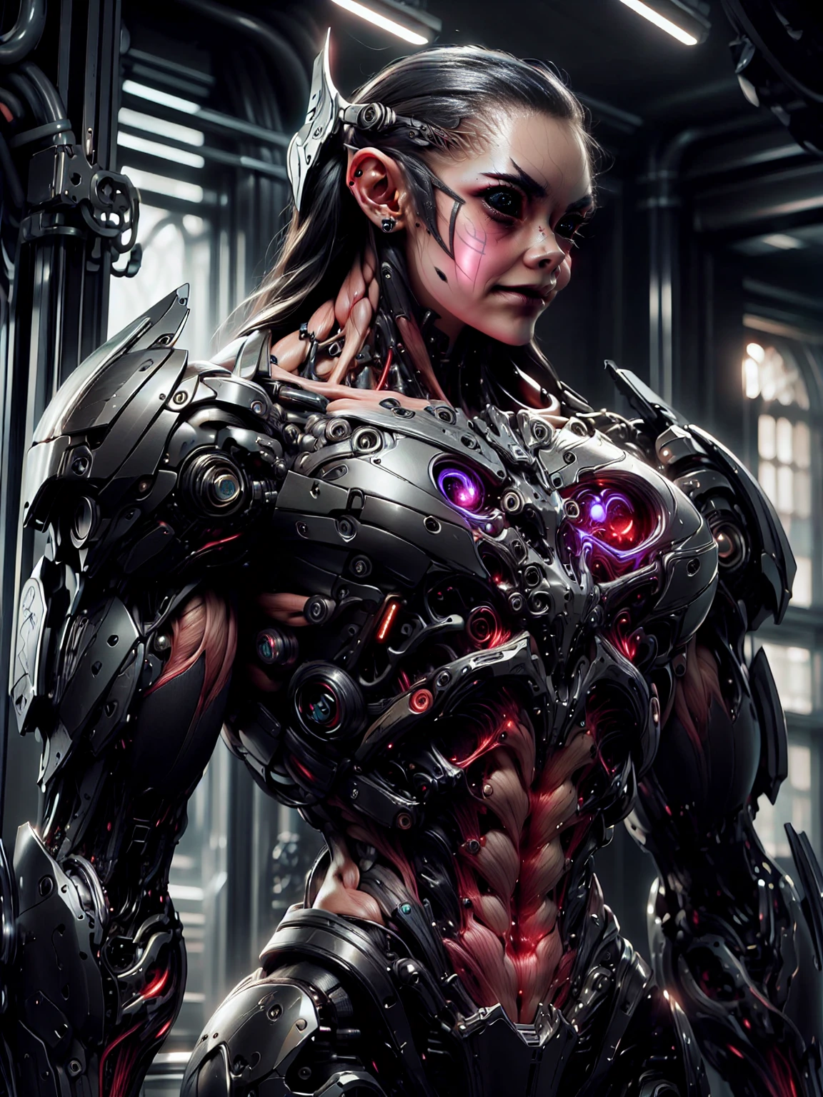 (1 girl), (cara delevingne), (muscular android girl wearing a black anatomic cybernetic muscle suit:1.25), (wide shoulders:1.25), (muscular defined physique:1.25), perfect hands, long hair, large breasts, high resolution image, extreme detail, blank background