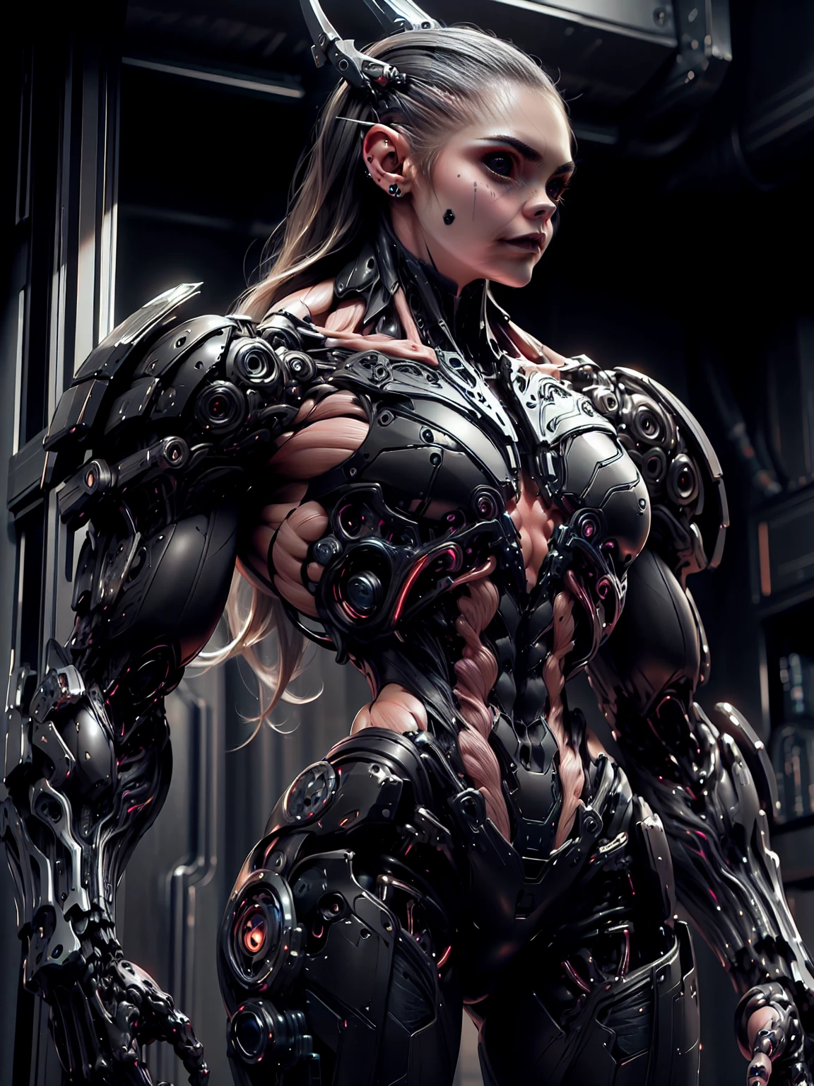 (1 girl), (cara delevingne), (muscular android girl wearing a black anatomic cybernetic muscle suit:1.25), (wide shoulders:1.25), (muscular defined physique:1.25), perfect hands, long hair, large breasts, high resolution image, extreme detail, blank background