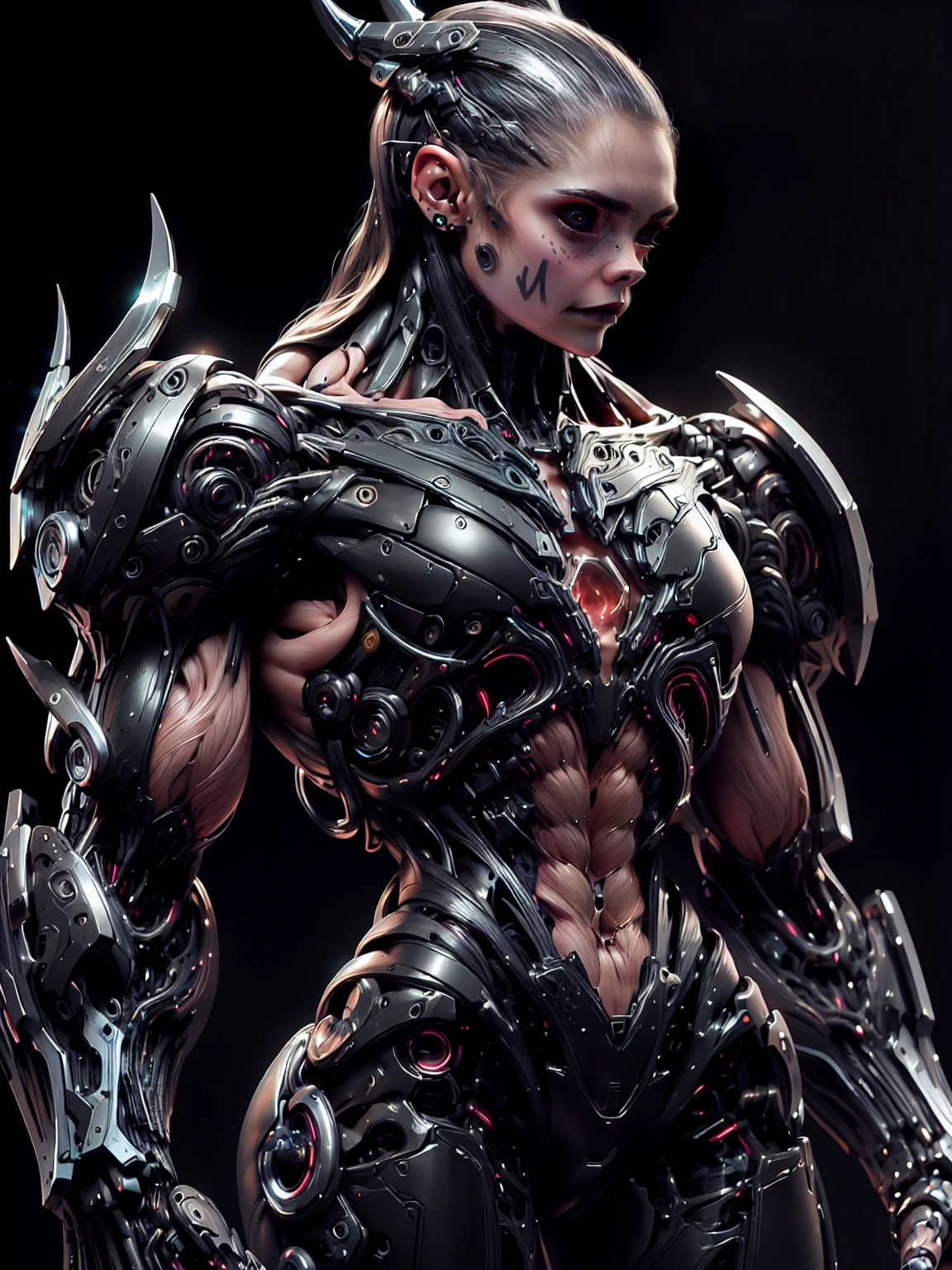 (1 girl), (cara delevingne), (muscular android girl wearing a black anatomic cybernetic muscle suit:1.25), (wide shoulders:1.25), (muscular defined physique:1.25), perfect hands, long hair, large breasts, high resolution image, extreme detail, blank background