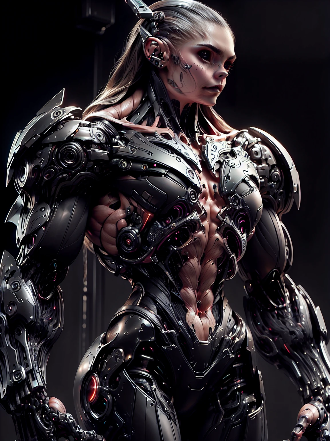 (1 girl), (cara delevingne), (muscular android girl wearing a black anatomic cybernetic muscle suit:1.25), (wide shoulders:1.25), (muscular defined physique:1.25), perfect hands, long hair, large breasts, high resolution image, extreme detail, blank background