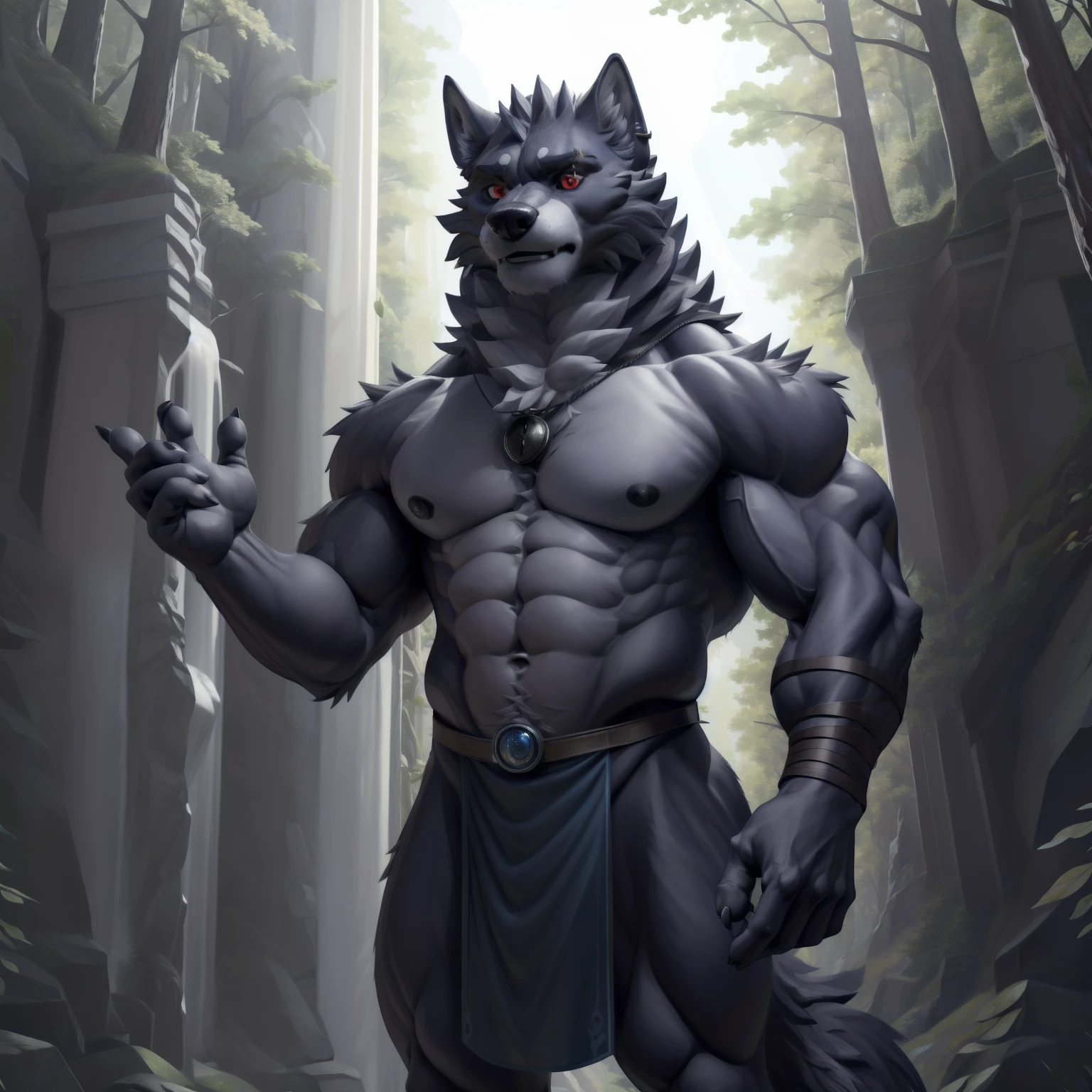 (masterpiece, best quality, hi res, extreme detail, detailed background:1.4

A powerful and majestic black wolf stands before you, his piercing blue eyes gleaming with an inner light. Every muscle and vein on his muscular and defined body is visible, each one meticulously rendered to bring out the depth and texture of his form. The high-resolution image captures every intricate detail, from the delicate hairs on his paws to the individual strands of fur covering his body. The masterpiece is a testament to artistic skill and craftsmanship, a perfect blend of realism and surrealism that leaves the viewer in awe, loincloth, sexy, nipples, red eyes