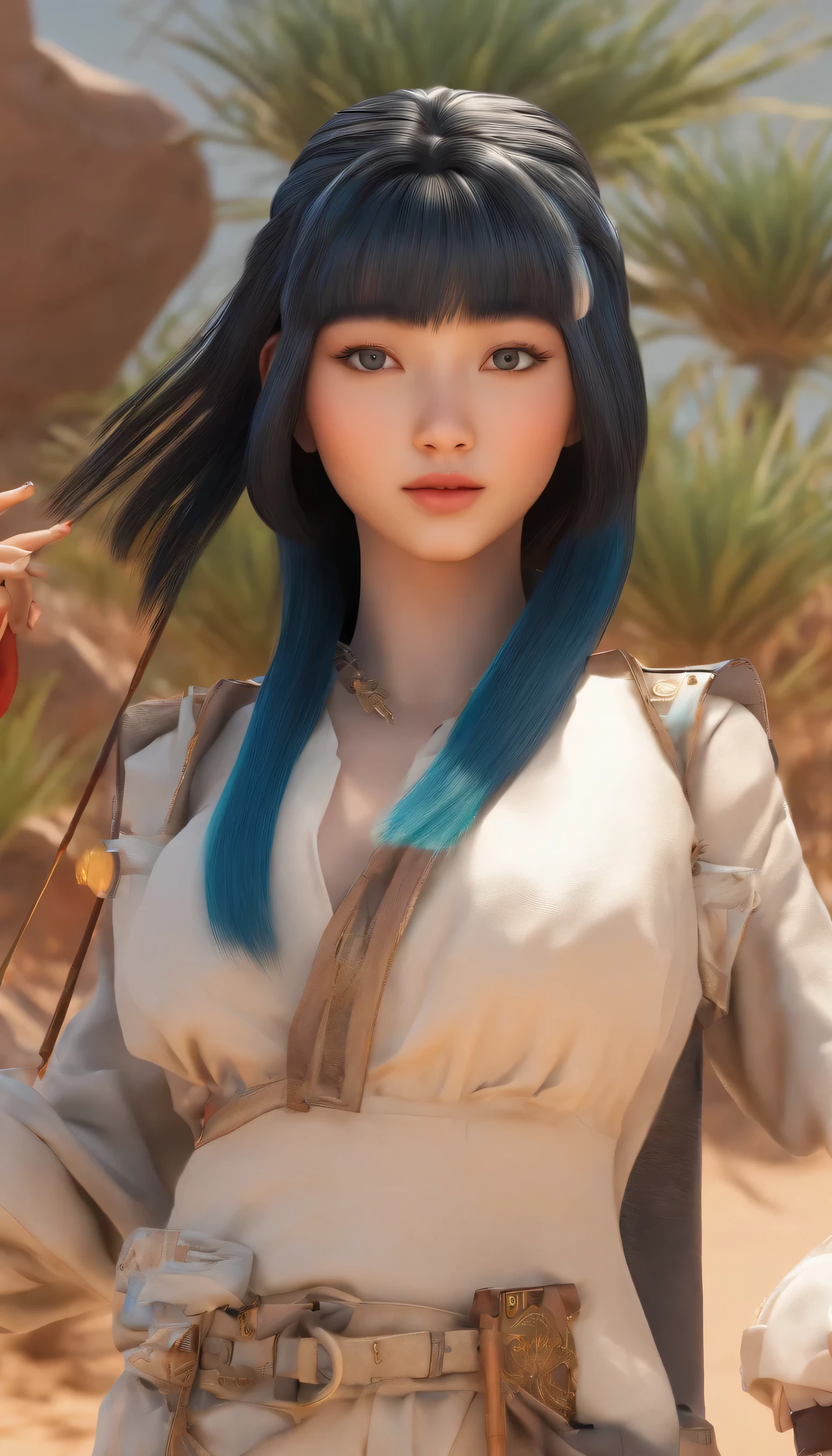 black hair, 8k, super detail asian girl in the desert full body long blue hair green eyes hyper-detailed detail detailed eyes