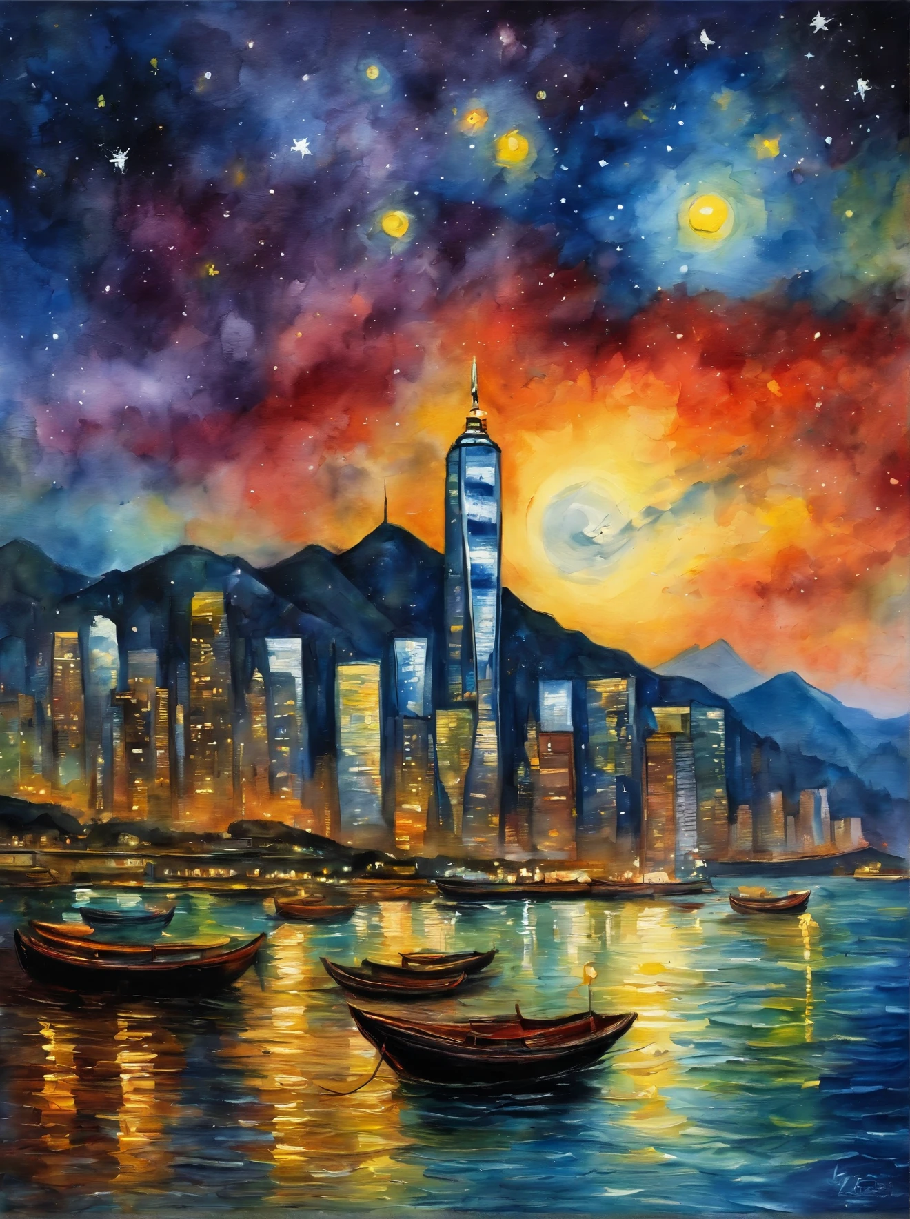Van Gogh's painting style, Hong Kong Victoria Harbor night view, Starry Night, Color Field Painting, Impressionism, Chiaroscuro, Vanishing Point, Wide Shot, Ultra Wide Angle, 8k, Super Detail, Accurate, highest quality, masterpiece, highest quality