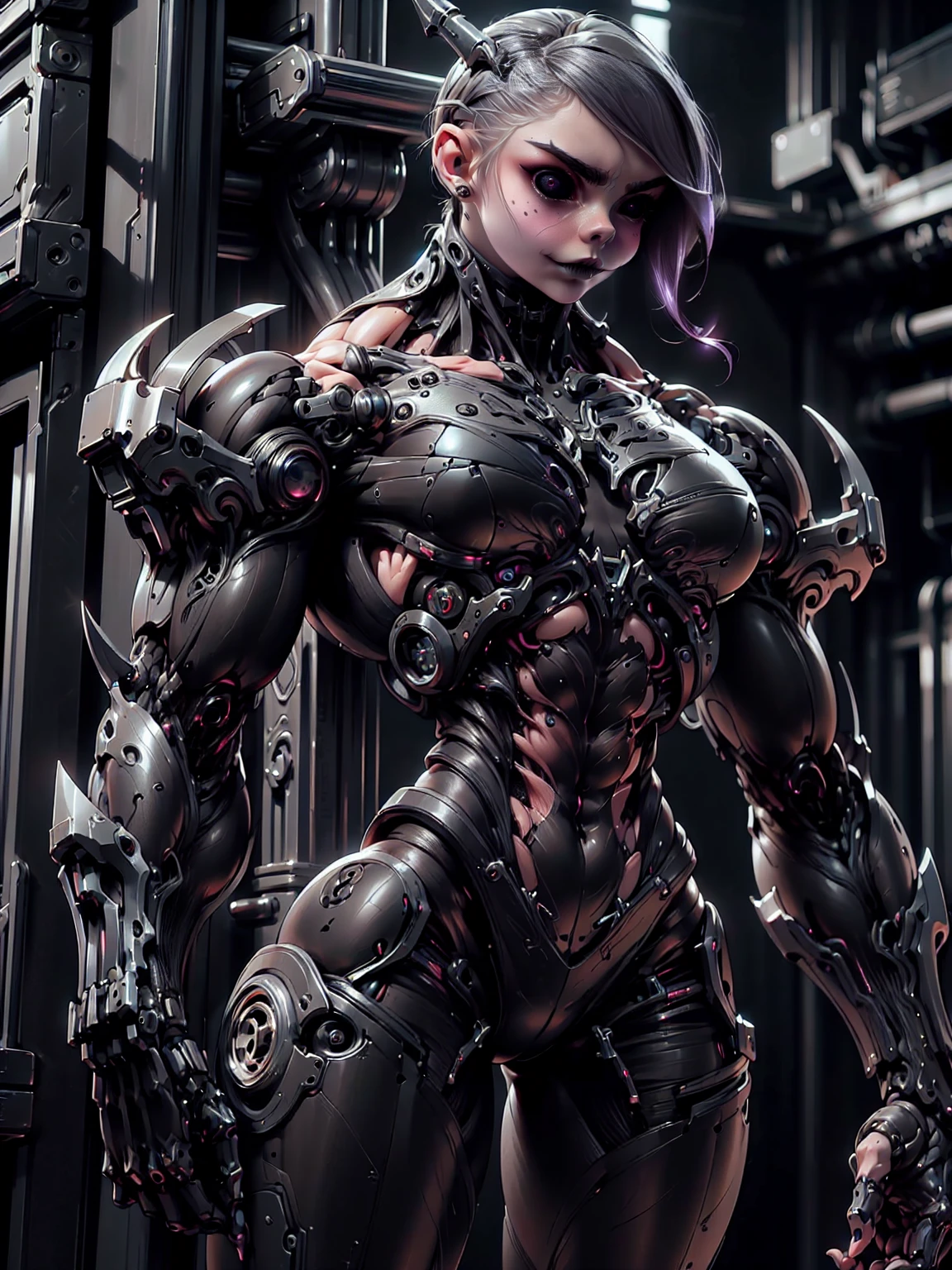 (1 girl), (cara delevingne), (muscular android girl wearing a black anatomic cybernetic muscle suit:1.25), (wide shoulders:1.25), (muscular defined physique:1.25), perfect hands, long hair, large breasts, high resolution image, extreme detail, blank background