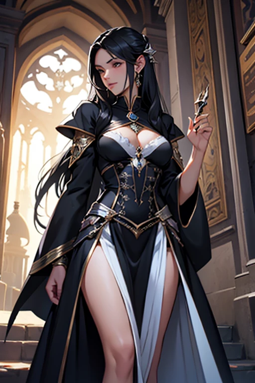 Fantasy universe sorceress Italian girl, very long loose black hair, fantasy dress, silver dagger