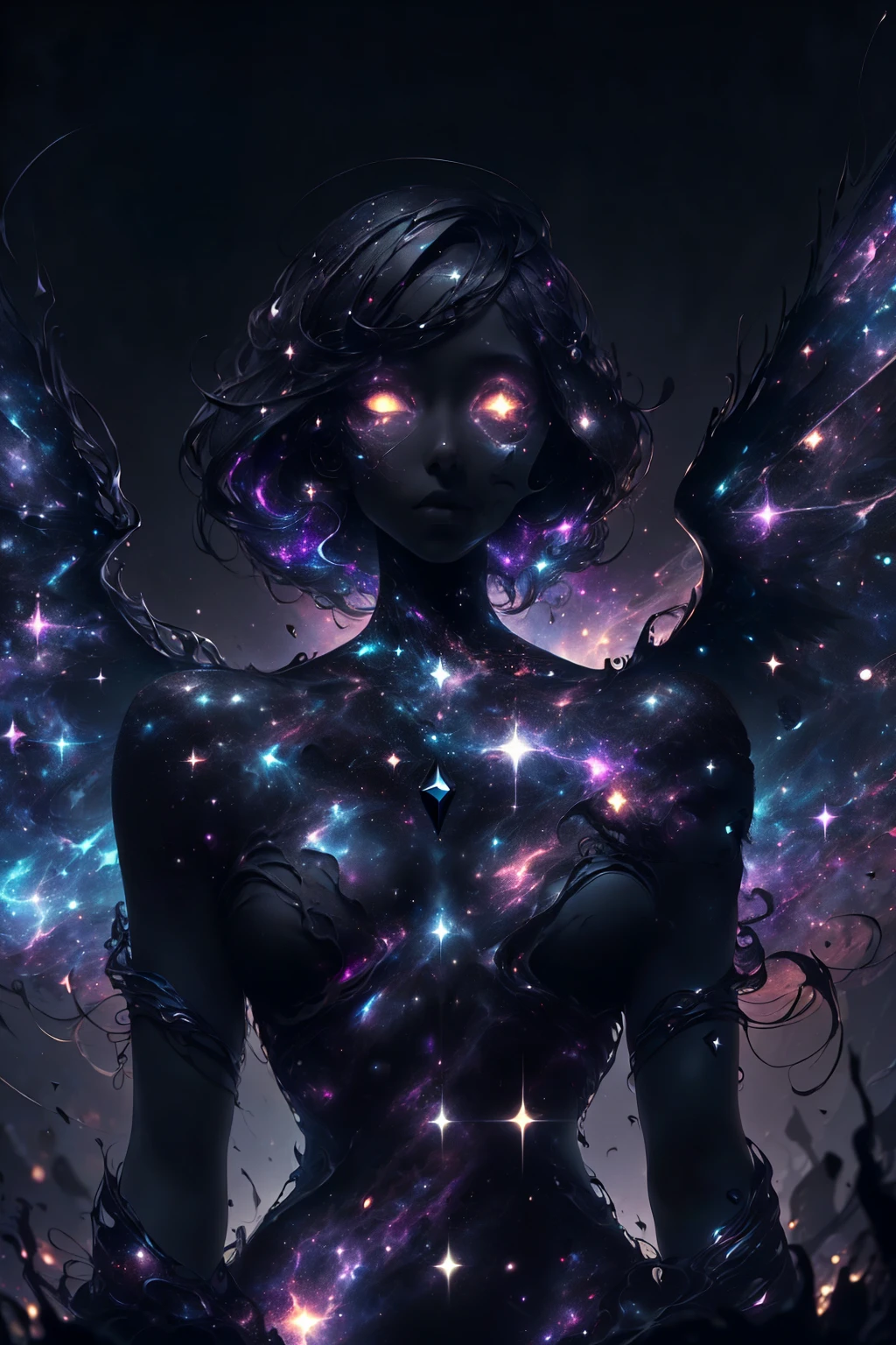 (((This is a dark image))). Generate a dark celestial woman with ((extremely perfect)) eyes and (((pure black galaxy skin))). Her ((onyx black)) but (soft) face should be highly detailed and realistically shaded with puffy lips. Her wings are delicate but stunning, with many small fantasy details. This is a (((masterpiece))). Utilize dynamic composition and expressions to create a cinematic experience. Include glittering and delicate jewelry. The background of the image should be pure back, leaving the woman as the focal point of the image. ((dark celestialskin body, void cosmic body)), ornate, (((dark background))), (((lights off))), (((hollywood dark)))