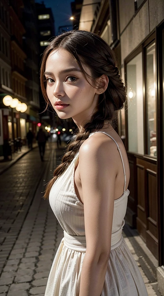 1 girl , big long hair, Bun hairstyle, Upper Body, Close-up photo, facing the camera, D cup breasts, There is a round protrusion on the chest, angry, Disdain,  rain , Street View.