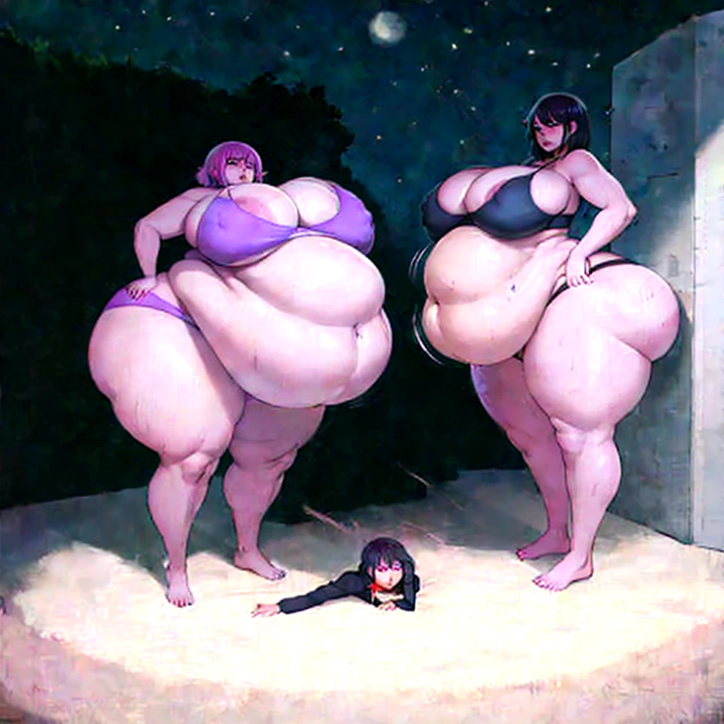 A young woman in a bikini, massive bloated overstuffed heavy protruding bulging obese round belly, hyper massive obese tall wide round heart shaped bubble butt, wide fat hips, massive fat round breasts, deep long cleavage, so full it hurts, gurgling belly, sloshing belly, distended belly, churning belly, it hurts being so full but it feel so good, squishy belly, bellies squished together, squished together, shes upset her friend isnt as fat as her, shes making her obese, wide stance, struggling to stand, deep navel, juicy fat ass, massive food baby, trying to hold up obese belly