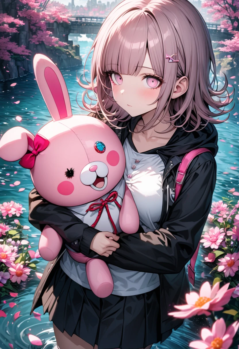 Ultra detailed, Highres, absurdres, HDR, Nanami Chiaki, pale pink hair, blossom pink eyes, black jacket with a hoddie, Danganronpa, pink flowers, petals, woman, extremely beautiful, solo, very detailed eyes and face, water, black skirt, pink butterflies, white t-shirt, master piece, holding a plushie of Monomi