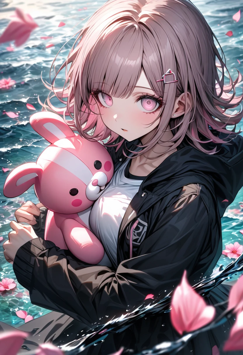 Ultra detailed, Highres, absurdres, HDR, Nanami Chiaki, pale pink hair, blossom pink eyes, black jacket with a hoddie, Danganronpa, pink flowers, petals, woman, extremely beautiful, solo, very detailed eyes and face, water, black skirt, pink butterflies, white t-shirt, master piece, holding a plushie of Monomi