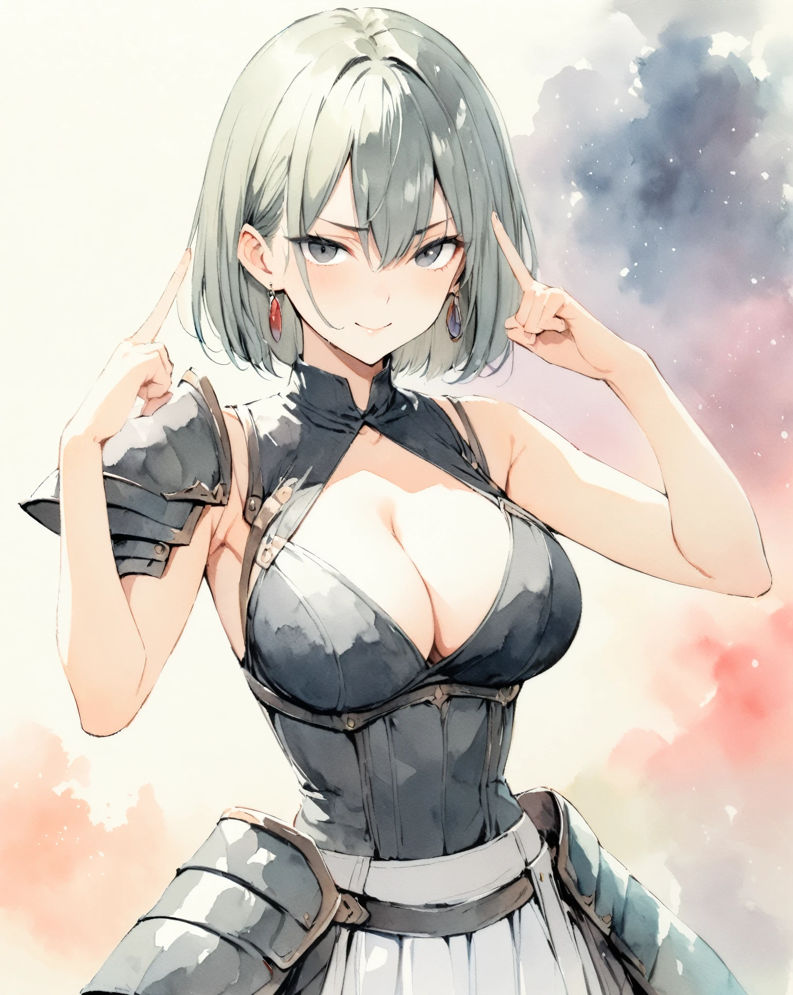 masterpiece, Best quality, watercolor (medium), 1girl, breast, Solitary, short hair, Cleavage, Black and gray hair, Black eyes, earrings, Bangs, jewelry, skirt, Bare shoulders, sleeveless, Hair between the eyes, 单Scapula, looking at the audience, Photo poses, Raise your index and middle fingers, large breast, armor, shoulder armor, sleeveless skirt, Upper Body, Single sleeve, white skirt, Scapula, Devil smile