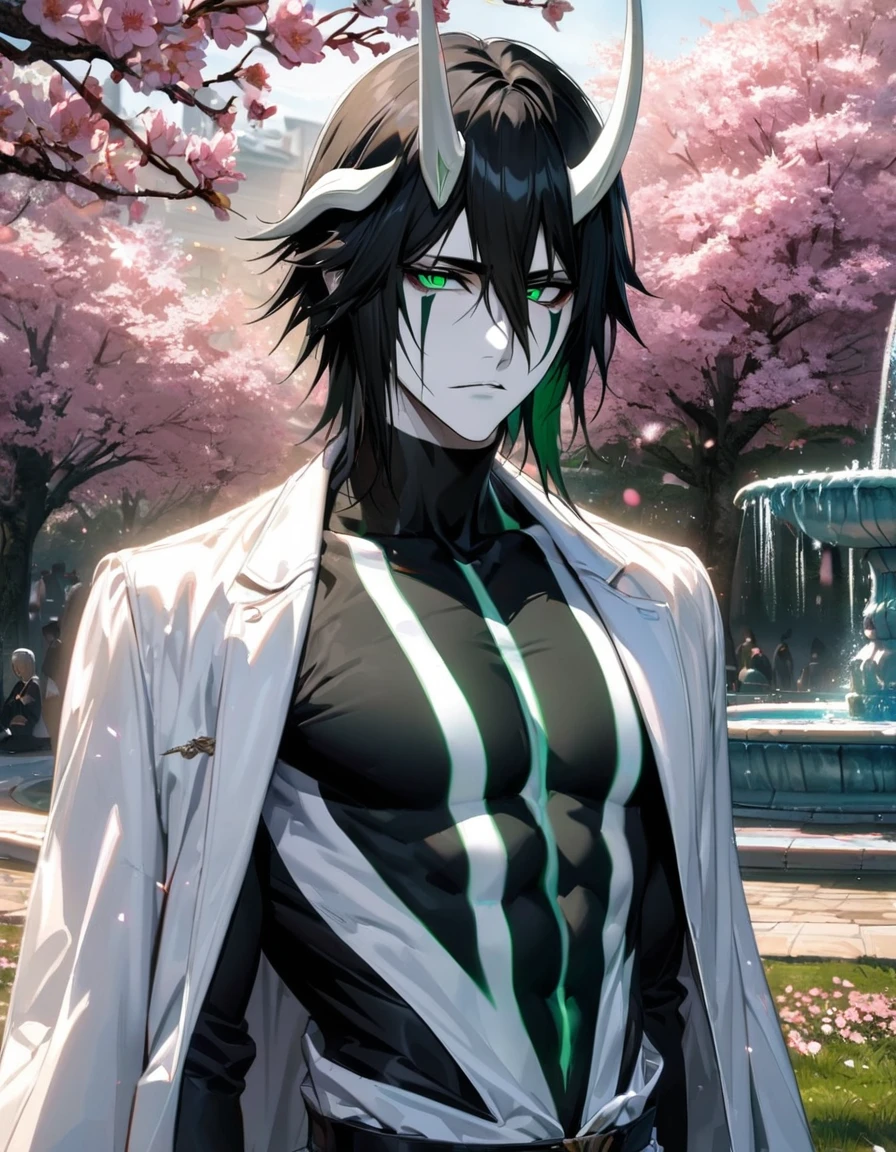 absurdres, highres, ultra detailed, HDR, master piece, best quality, extremely detailed face and eyes, Ulquiorra Cifer, black hair, hair between the eyes, expressive green eyes, Bleach, white horns, pale skin, solo, sexy man, toned chest, handsome, white coat, black tight shirt, pink flowers, park, cherry blossom, fountain