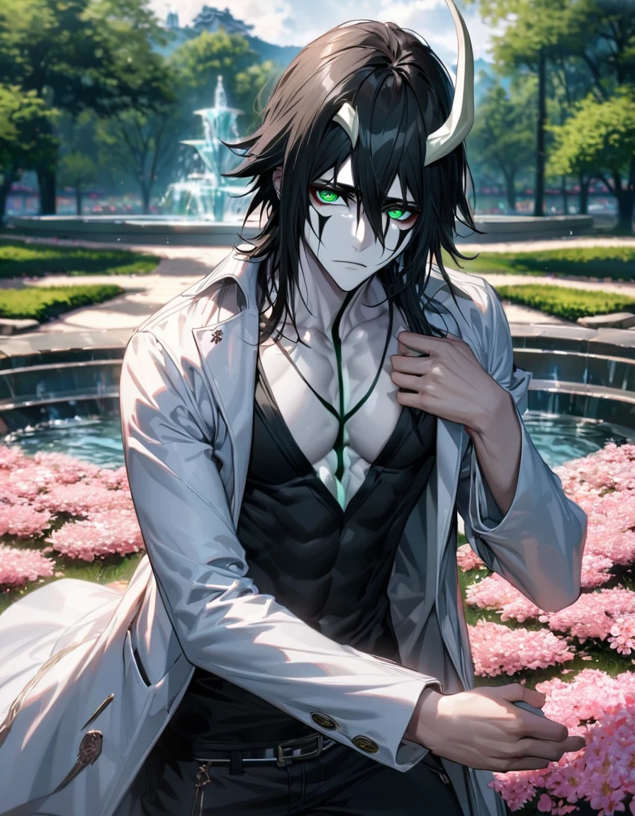 absurdres, highres, ultra detailed, HDR, master piece, best quality, extremely detailed face and eyes, Ulquiorra Cifer, black hair, hair between the eyes, expressive green eyes, Bleach, white horns, pale skin, solo, sexy man, toned chest, handsome, white coat, black tight shirt, pink flowers, park, cherry blossom, fountain