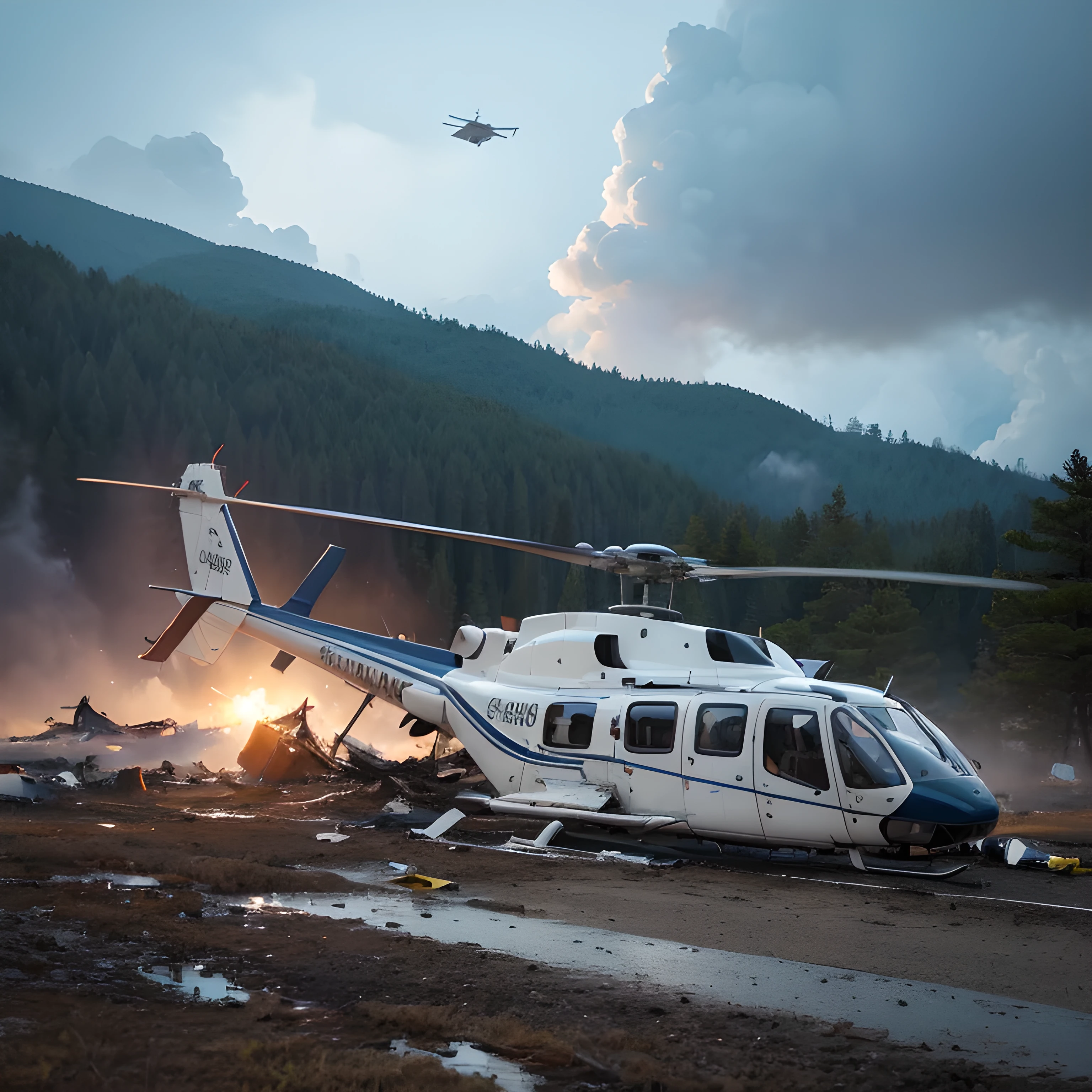 One (Plane crash) in (remote wilderness) and (Trees and Rocks) Scattered, (Smoke and wreckage) Soar into the sky, (Survivors) Struggling to escape the wreckage, (rescue team) Coming to the aid, (helicopter) Hovering above the scene, (Emergency Services) On the ground, (Dramatic lighting) Highlight the confusion, (Realistic Style) and attention to detail, (8k resolution) for a cinematic effect, (masterpiece, highest quality, Professional, Perfect composition, And yet beautiful, Absurd, Very detailed, Intricate details:1.3)