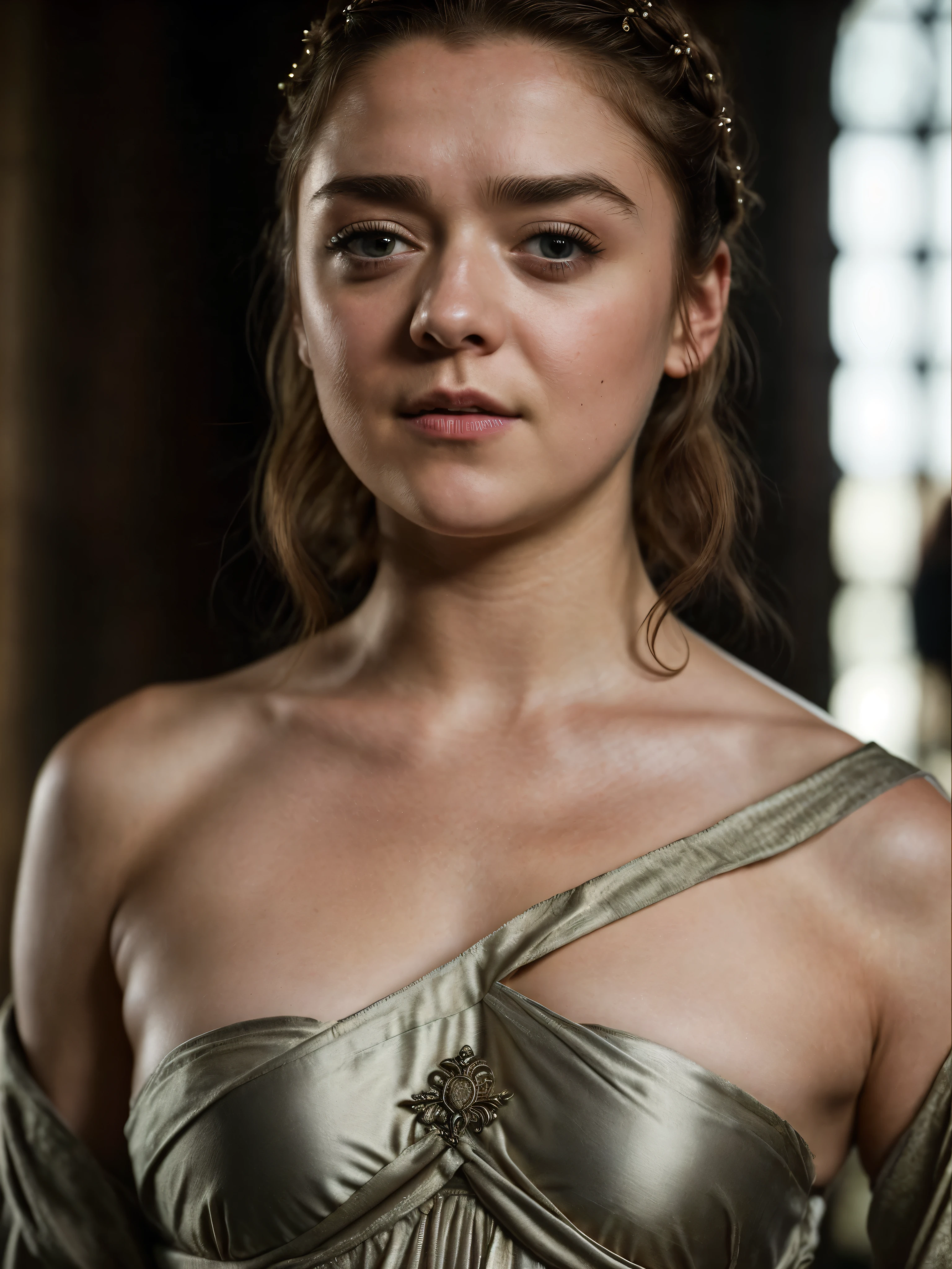 Foto RAW, Arya Stark, Extremely gorgeous lady, Arya Stark PLAYED BY MAISIE WILLIAMS, Queen Arya Stark, she a mature woman now, milf, sexy mediaeval battle dress, gladiator woman, body, 40 years old Woman, Roman slave dress, cotton dress, busty mediaeval costumes, body revealing costumes, perky breast, big natural breast, erotic costumes, lusty physique, seductive figure can capture every people's attention, Game of thrones costumes, revealing captivating figure, Mediaeval costumes, revealing clothes, A tomboy, she would rather fence than dance, warrior queen , game of thrones screen caps, Game of Thrones Series, (pele altamente detalhada: 1.2), 8k UHD, DSLR, soft-lighting, alta qualidade, grain of film, Fujifilm XT3, flawless picture, highly detailed, detailed Beauty, intricate, 32k, sharp picture,