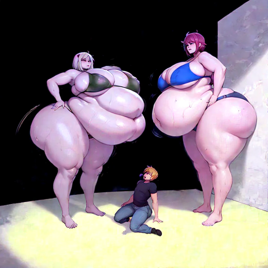 A young woman in a bikini, massive bloated overstuffed heavy protruding bulging obese round belly, hyper massive obese tall wide round heart shaped bubble butt, wide fat hips, massive fat round breasts, deep long cleavage, so full it hurts, gurgling belly, sloshing belly, distended belly, churning belly, it hurts being so full but it feel so good, squishy belly, bellies squished together, squished together, shes upset her friend isnt as fat as her, shes making her obese, wide stance, struggling to stand, deep navel, juicy fat ass, massive food baby, trying to hold up obese belly, massive underboob,