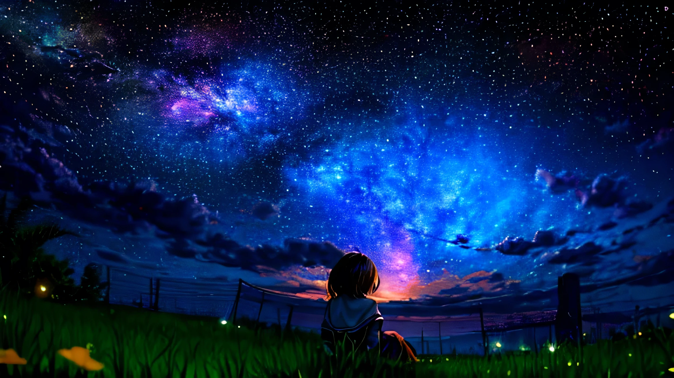 Describe a scene in which a cute girl character is lying on a grassy hill, Look up at the starry sky. Surround her with colorful nebulae and her favorite constellations.