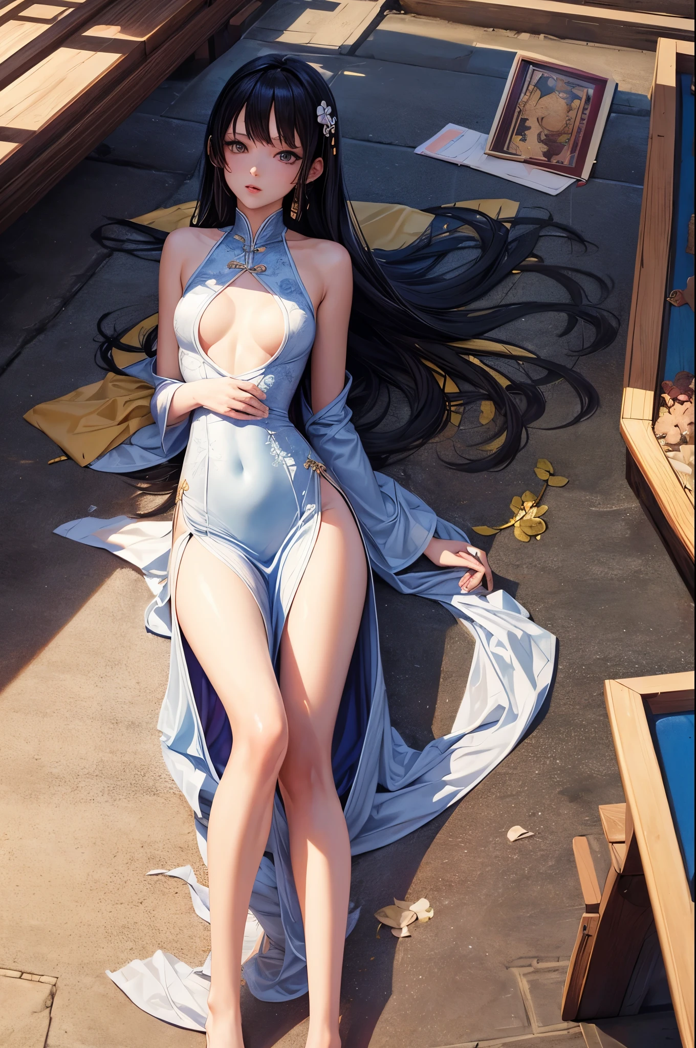 a sexy woman, (best quality), (masterpiece), (1girl), slim, anime, (flat chested), (chinese dress), (lying down), (protrait), (naked legs)
