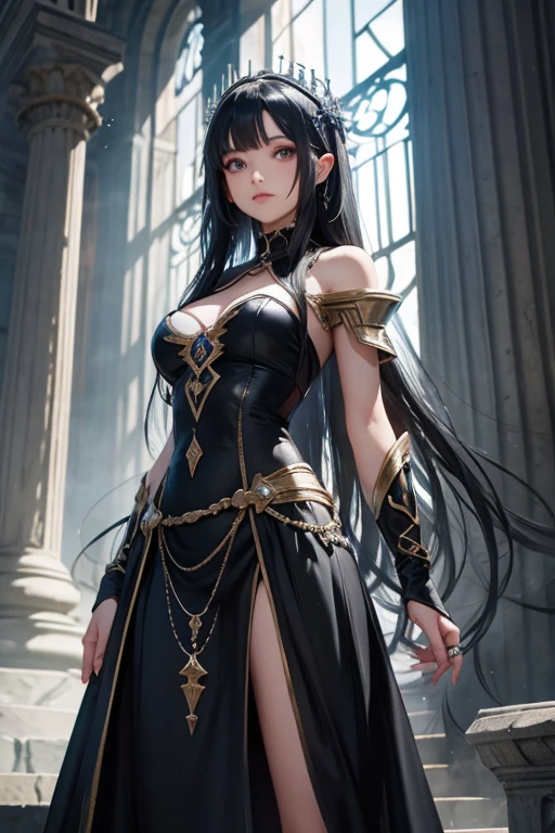Fantasy universe sorceress Italian girl, very long loose black hair, fantasy dress, silver dagger