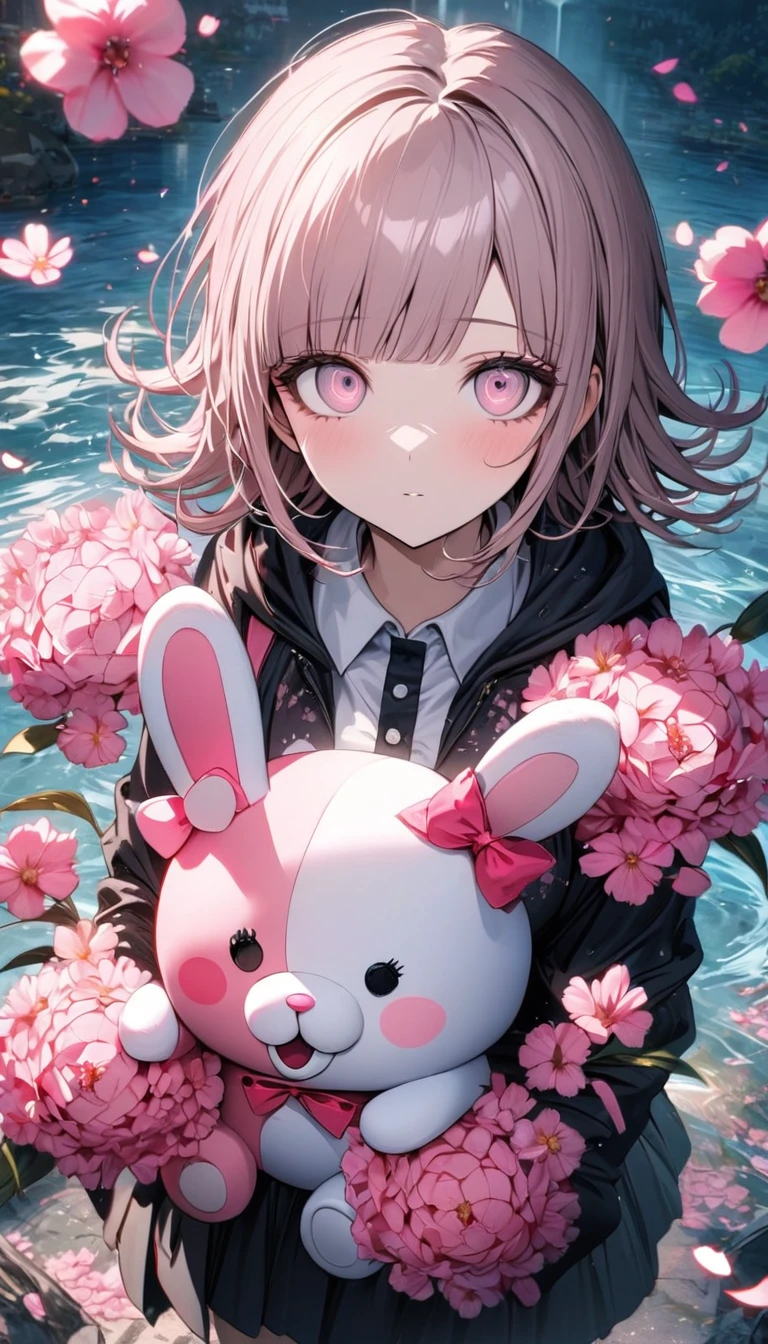 Ultra detailed, Highres, absurdres, HDR, Nanami Chiaki, pale pink hair, blossom pink eyes, black jacket with a hoddie, Danganronpa, pink flowers, petals, woman, extremely beautiful, solo, very detailed eyes and face, water, black skirt, pink butterflies, white t-shirt, master piece, holding a plushie of Monomi