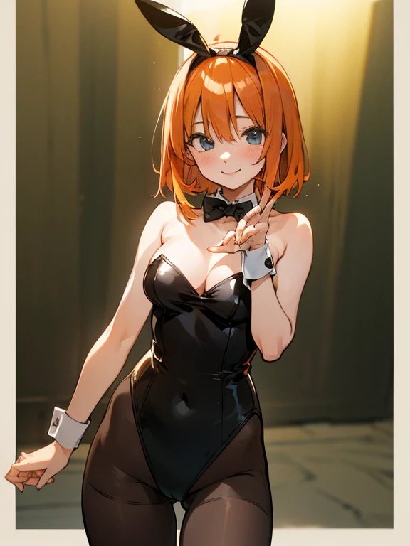 nakano yotsuba, orange hair, hair bow, pantyhose, playboy bunny, bare shoulders, smile, cowboy shot, highly detailed, HD, 4K, Masterpiece, highres