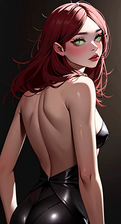 A stunningly realistic dark fantasy portrait of a tall, leggy red-haired woman with a chiseled abs, small waist, large emerald green eyes, and plump lips. She stands confidently, her body displayed in all its glory. The background is a mix of dark, brooding colors, with some ethereal elements, creating an atmospheric and mysterious setting. The overall tone of the image is a blend of beauty, power, and darkness., dark fantasy, portrait photography, painting. Backphoto 