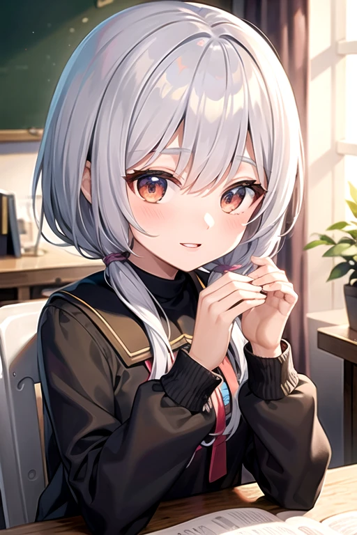 ((highest quality)), ((masterpiece)), Perfect Face、Anime characters、Chibi Character、girl、clothes、student、Hurray、Silver Hair、Single
