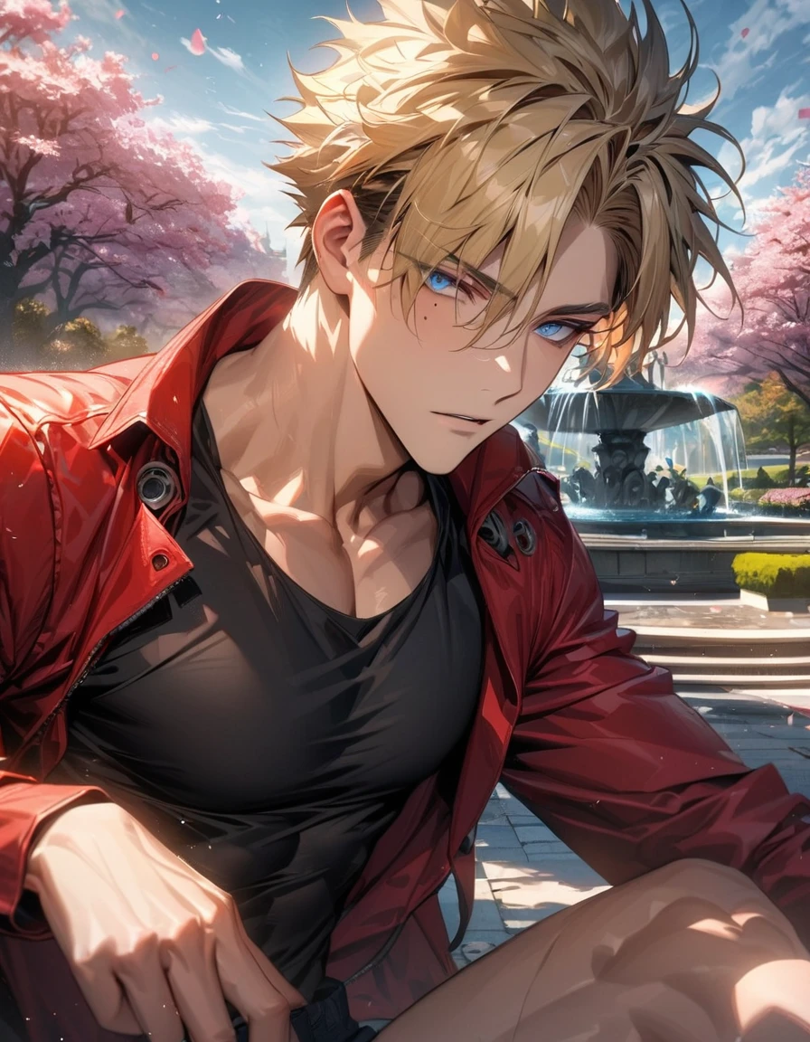 absurdres, highres, ultra detailed, HDR, master piece, best quality, extremely detailed face and eyes, Vash Stampede, blonde hair, expressive blue eyes, Trigun, mole under the right eye, solo, sexy man, toned chest, handsome, red coat, black tight shirt, pink flowers, park, cherry blossom, fountain