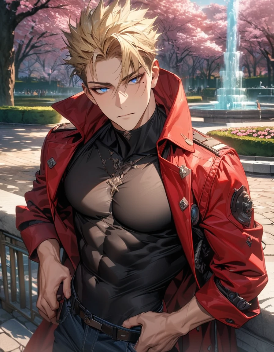 absurdres, highres, ultra detailed, HDR, master piece, best quality, extremely detailed face and eyes, Vash Stampede, blonde hair, expressive blue eyes, Trigun, mole under the right eye, solo, sexy man, toned chest, handsome, red coat, black tight shirt, pink flowers, park, cherry blossom, fountain