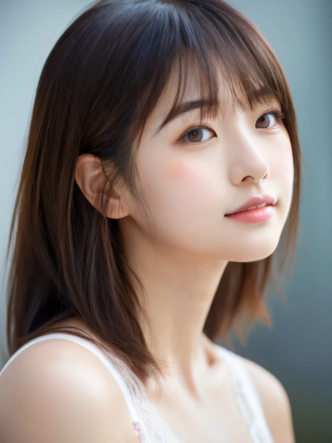 ((Cute Japanese girl, Beautiful Japanese girl, 1 girl, 19 years old, ponytail, highly detailed face and skin texture, refined, super detailed face, super detailed eyes, blush, blush, cheeks, Close-up of a woman with cheeks painted with pink blush, bust up, face facing forward, looking at camera, frontage, cute build, smooth white skin, transparent skin texture, )), (dark brown) hair, bangs), beautiful women with perfect styles: 1.4, Japanese models, young gravure idols, young and cute gravure idols, realistic young gravure idols, sophisticated gravure idols, ((Top quality, 8K, masterpiece: 1.3 )), (4K, RAW photo, highest quality), (Realistic, Photorealistic: 1.37), Figure fills the screen, natural soft light, upper body and head, sophisticated, lace underwear
