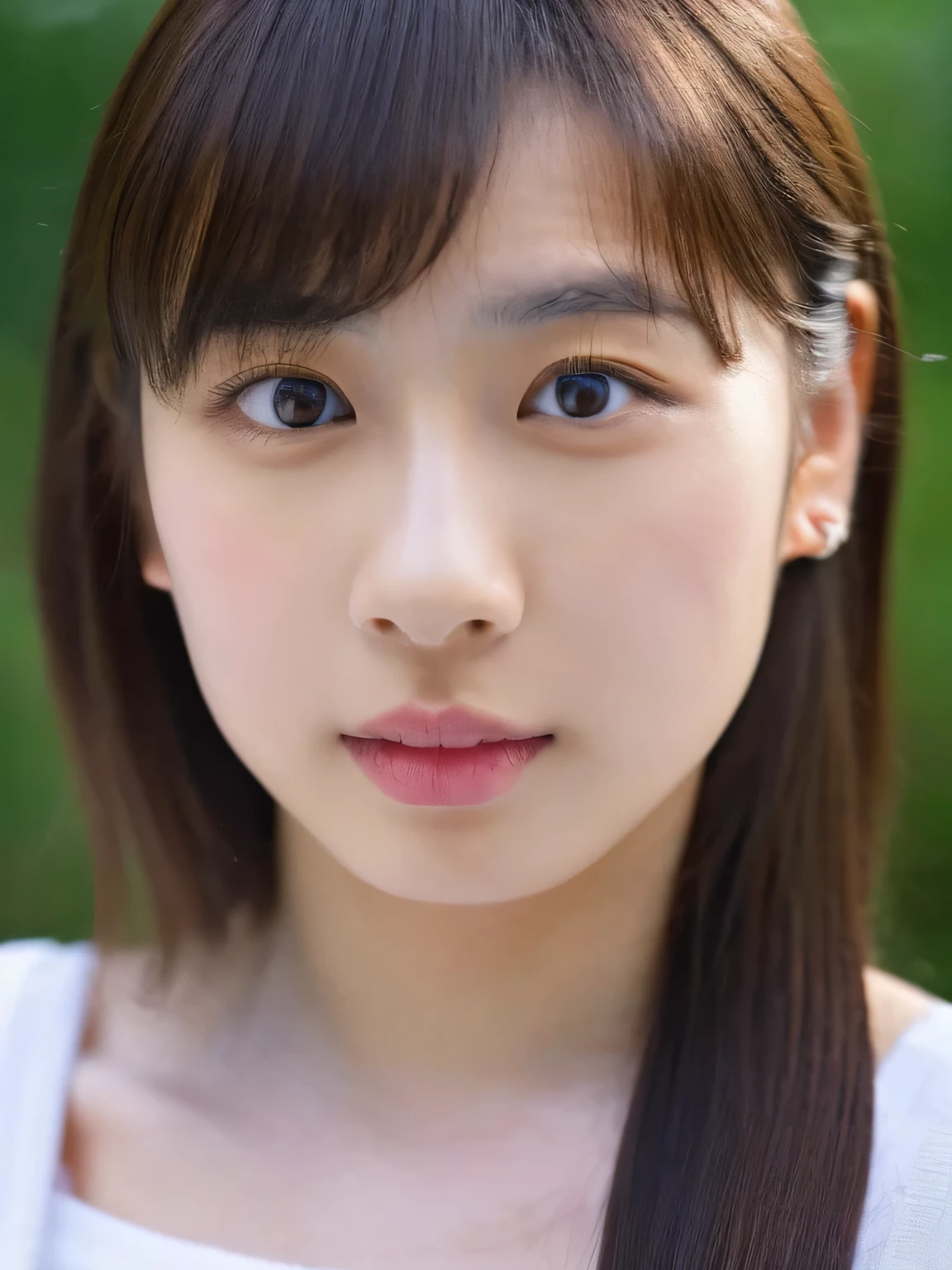 ((Cute Japanese girl, Beautiful Japanese girl, 1 girl, 19 years old, ponytail, highly detailed face and skin texture, refined, super detailed face, super detailed eyes, blush, blush, cheeks, Close-up of a woman with cheeks painted with pink blush, bust up, face facing forward, looking at camera, frontage, cute  build, smooth white skin, transparent skin texture, )), (dark brown) hair, bangs), beautiful women with perfect styles: 1.4, Japanese models, young gravure idols, young and cute gravure idols, realistic young gravure idols, sophisticated gravure idols, ((Top quality, 8K, masterpiece: 1.3 )), (4K, RAW photo, highest quality), (Realistic, Photorealistic: 1.37), Figure fills the screen, natural soft light, upper body and head, sophisticated, lace underwear
