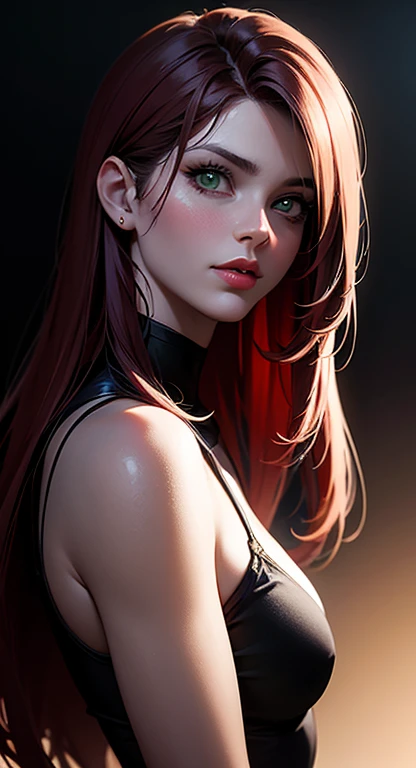 A stunningly realistic dark fantasy portrait of a tall, leggy red-haired woman with a chiseled abs, small waist, large emerald green eyes, and plump lips. She stands confidently, her body displayed in all its glory. The background is a mix of dark, brooding colors, with some ethereal elements, creating an atmospheric and mysterious setting. The overall tone of the image is a blend of beauty, power, and darkness., dark fantasy, portrait photography, painting