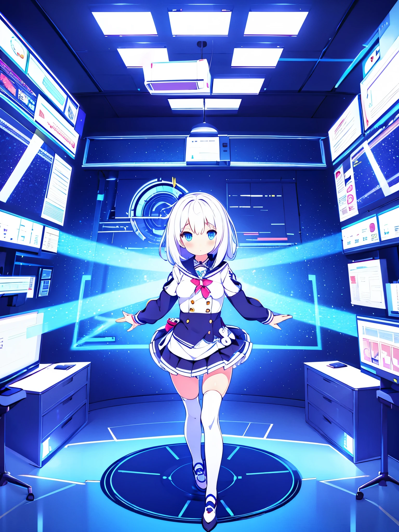 1 beautiful girl excellent quality perfect anatomy vtuber white hair light blue eyes  long stockings in room rgb led pc gaming  full body Mini skirt  small breasts